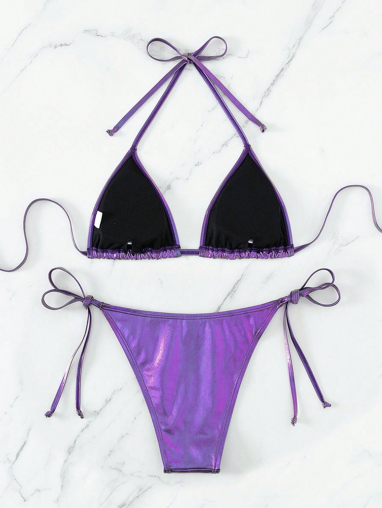 Swim Vcay Summer Beach Metallic Halter Triangle Tie Side Bikini Set