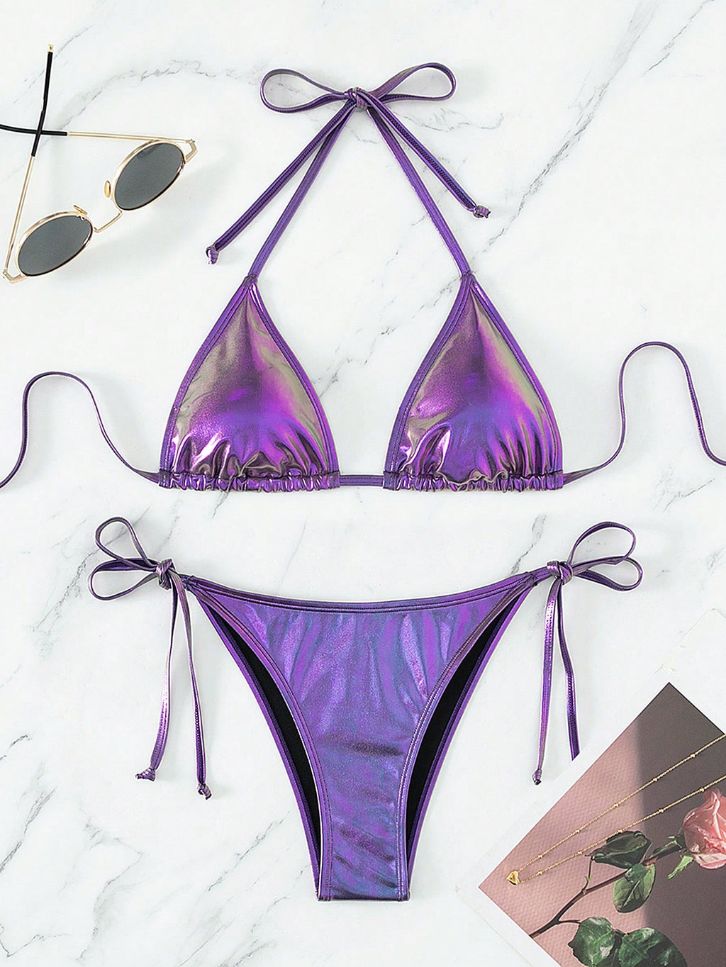 Swim Basics Women's Solid Color Metal-Accented Halter Tie Sexy Bikini Set, Summe