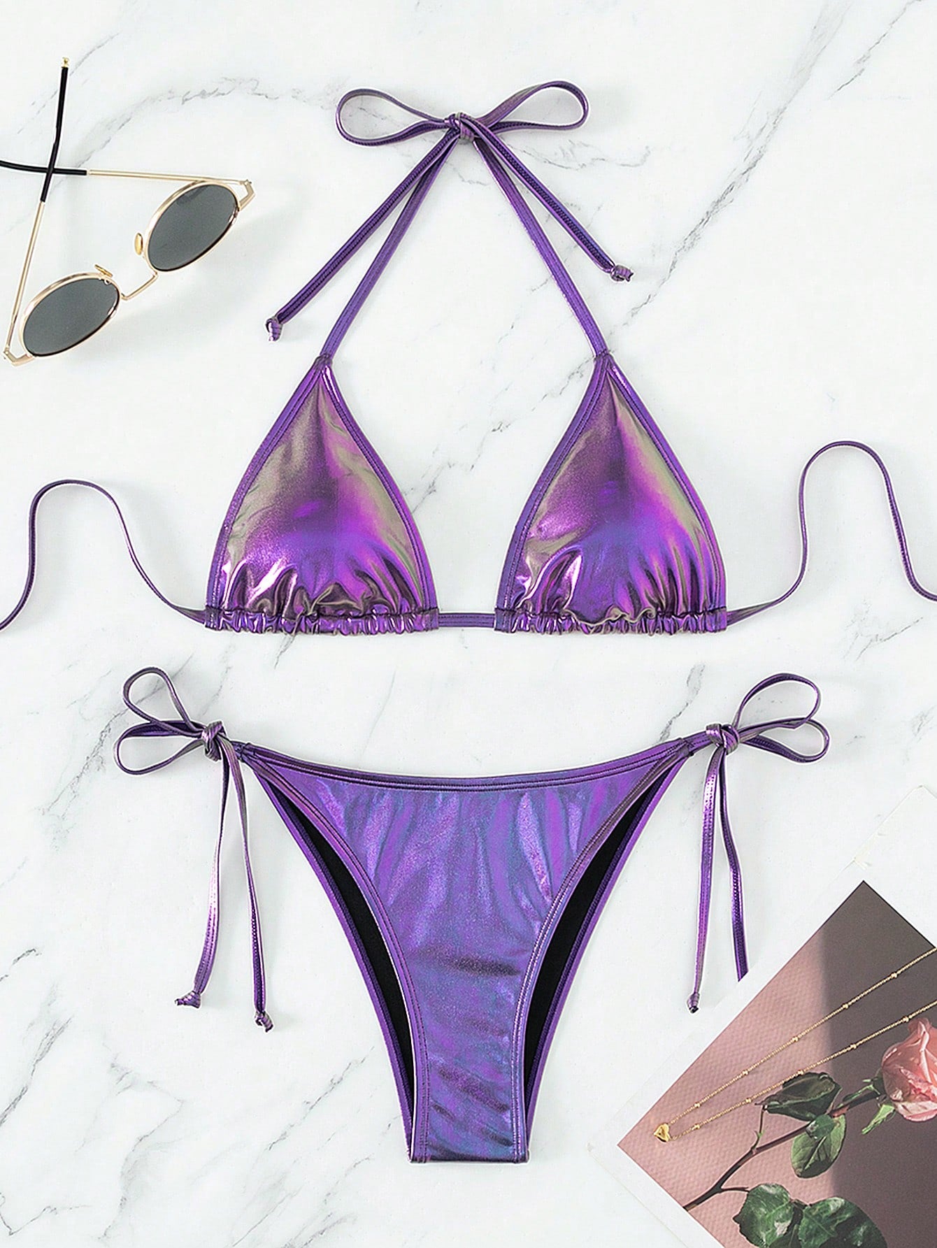 Swim Basics Women's Solid Color Metal-Accented Halter Tie Sexy Bikini Set, Summe