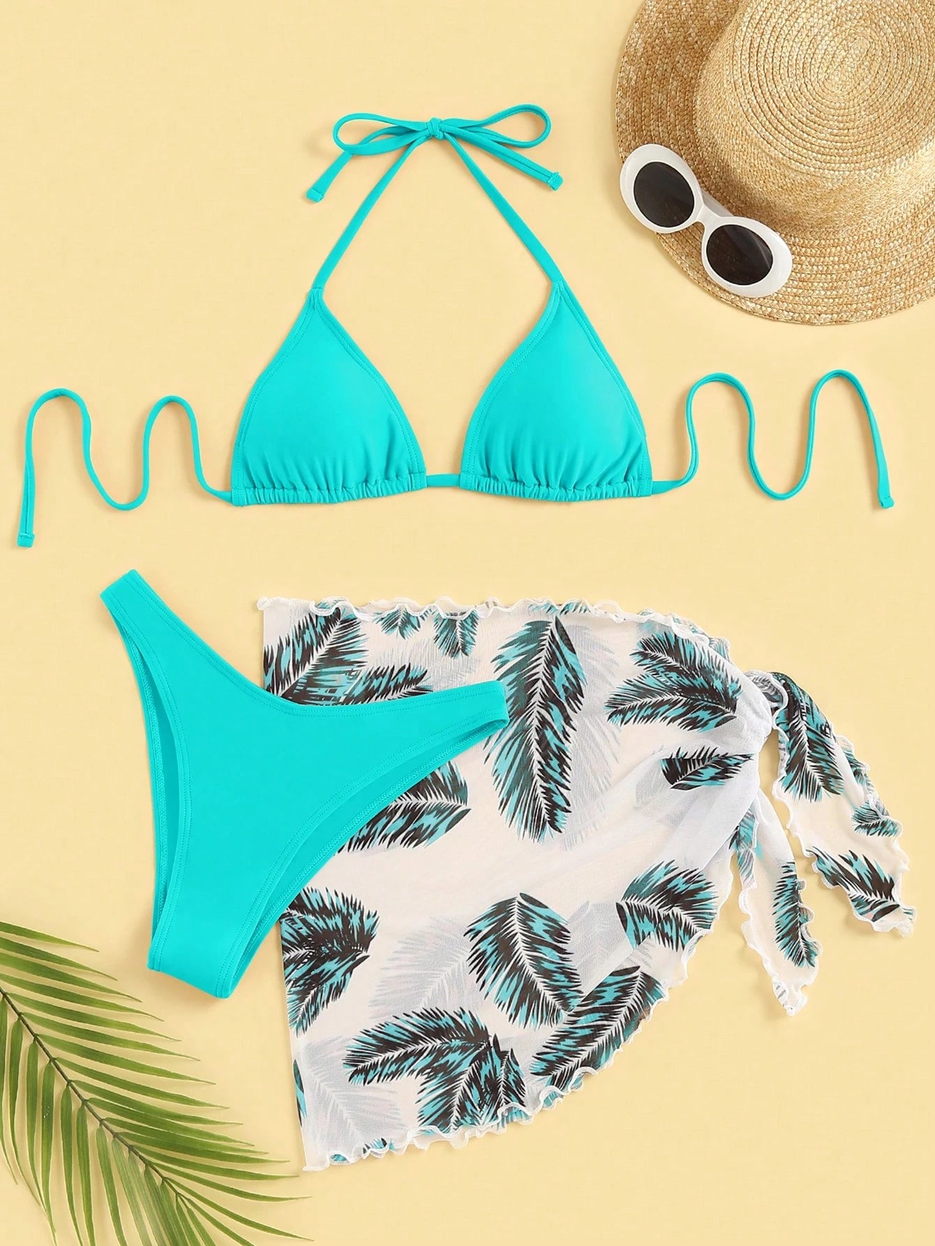 Swim Vcay Summer Beach Leaf Print Bikini Set Halter Triangle Bra &
