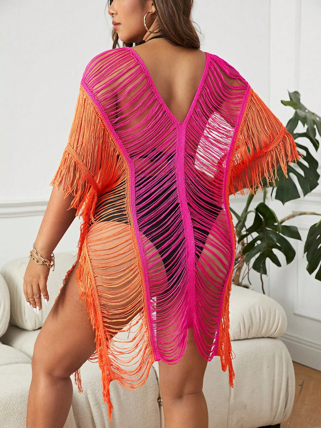 Swim SXY Summer Beach Plus Open Stitch Batwing Sleeve Fringe Hem Cover Up Dress Without Bikini Set - image 7