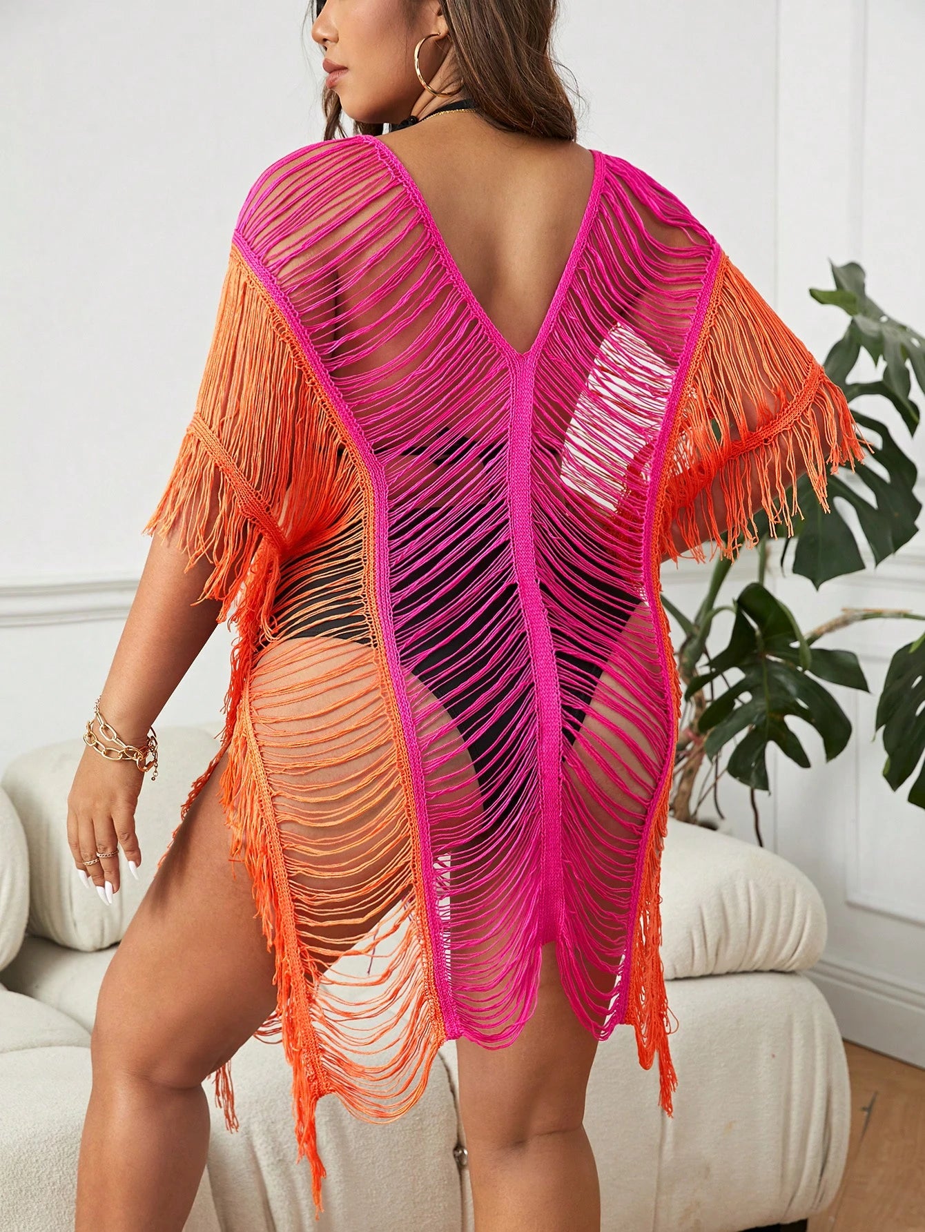 Swim SXY Summer Beach Plus Open Stitch Batwing Sleeve Fringe Hem Cover Up Dress Without Bikini Set - image 7