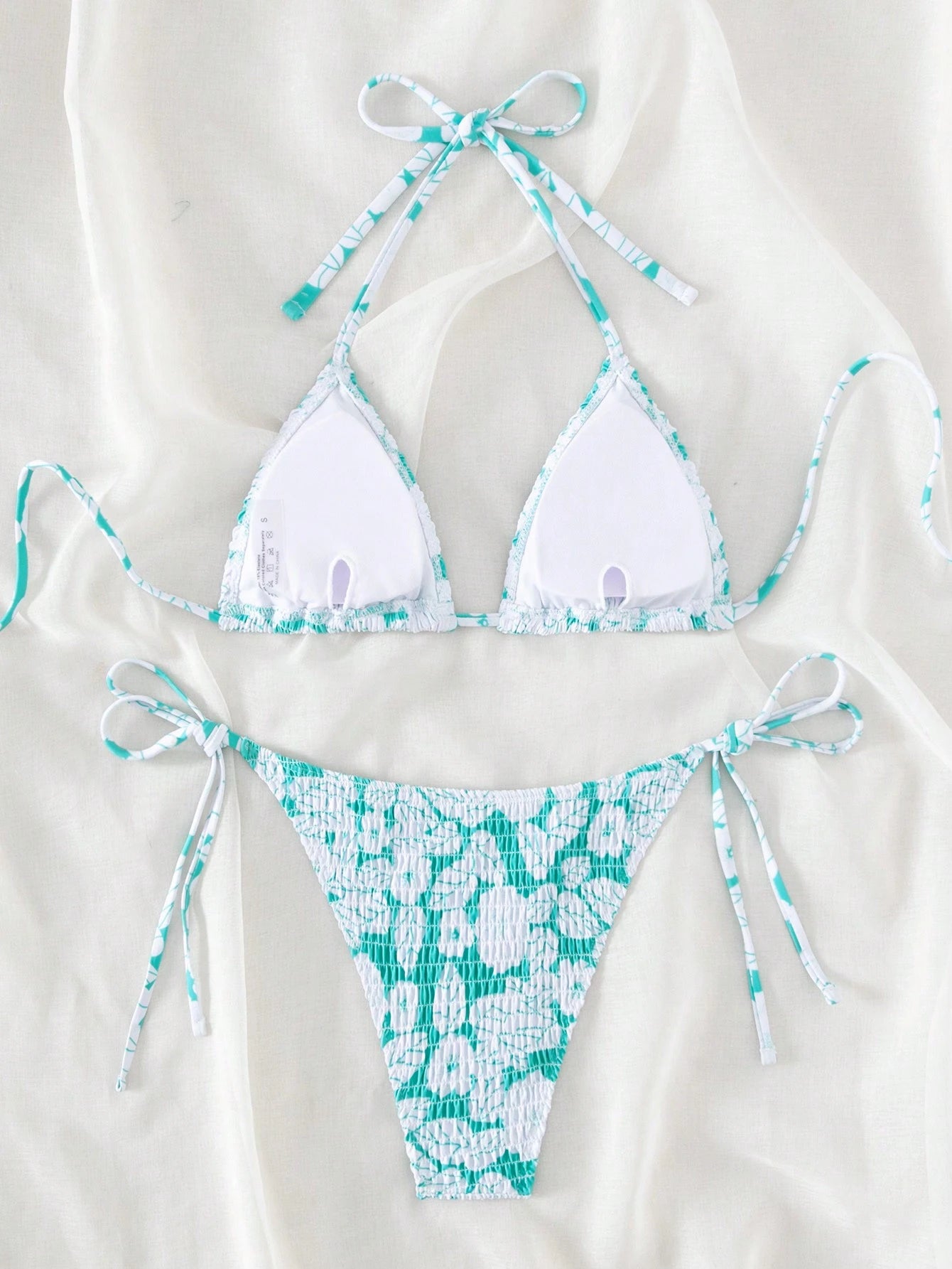 Swim Mod Summer Beach Random Print Smocked Halter Bikini