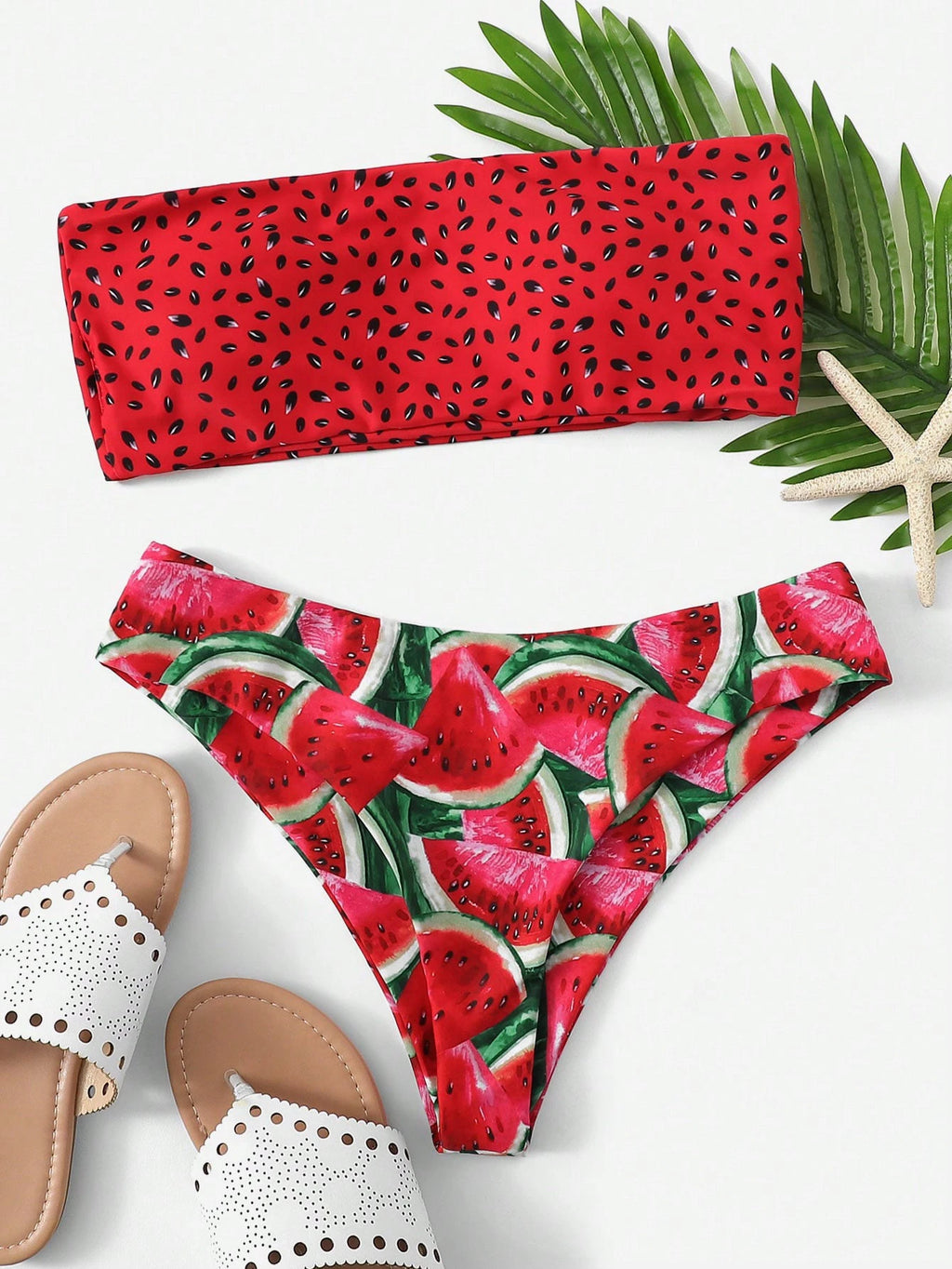 Swim Mod Summer Beach Watermelon Print Bandeau Bikini Set