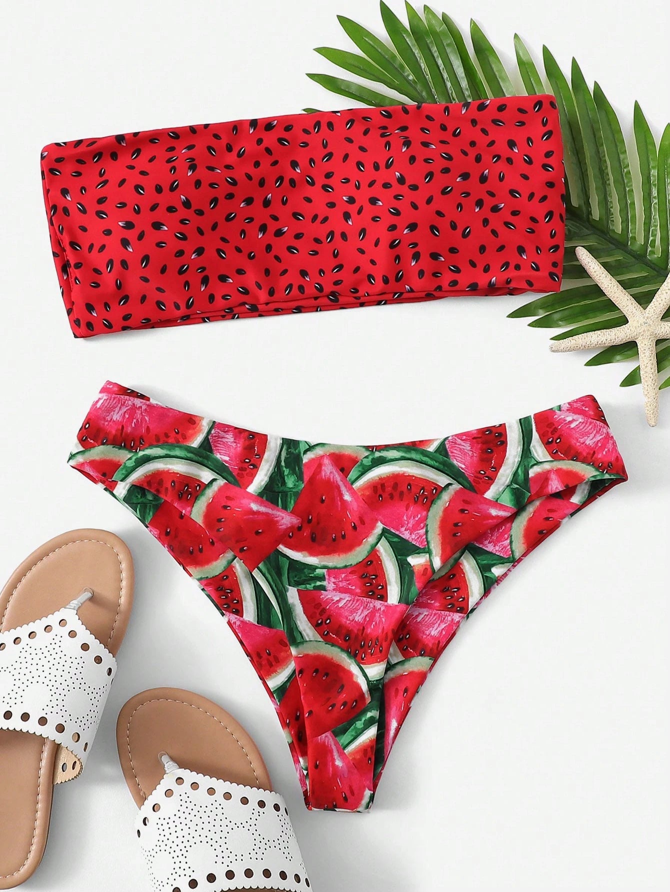 Swim Mod Summer Beach Watermelon Print Bandeau Bikini Set