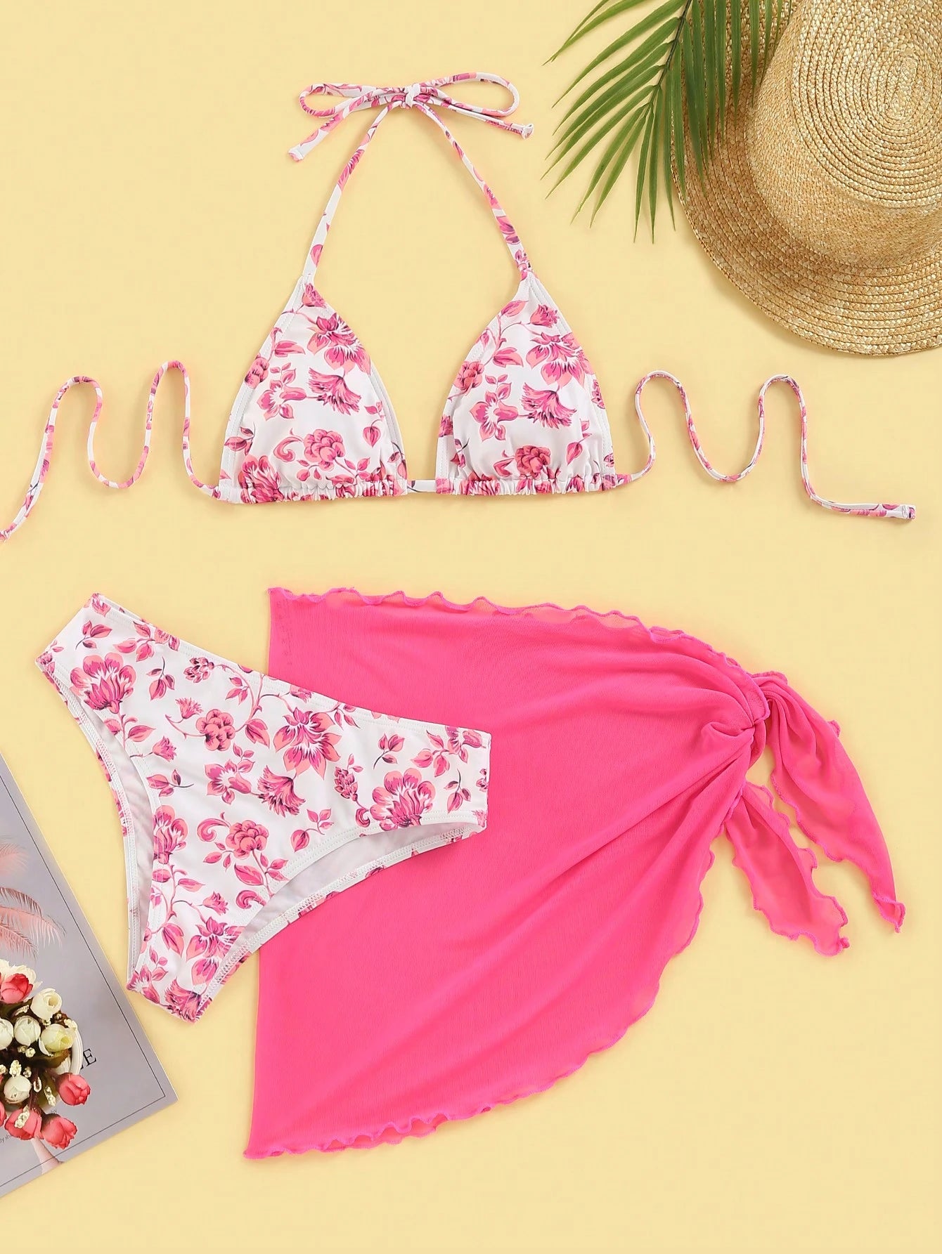 Swim Mod Women's Summer Beach Floral Print Halter Tie Sexy Bikini And