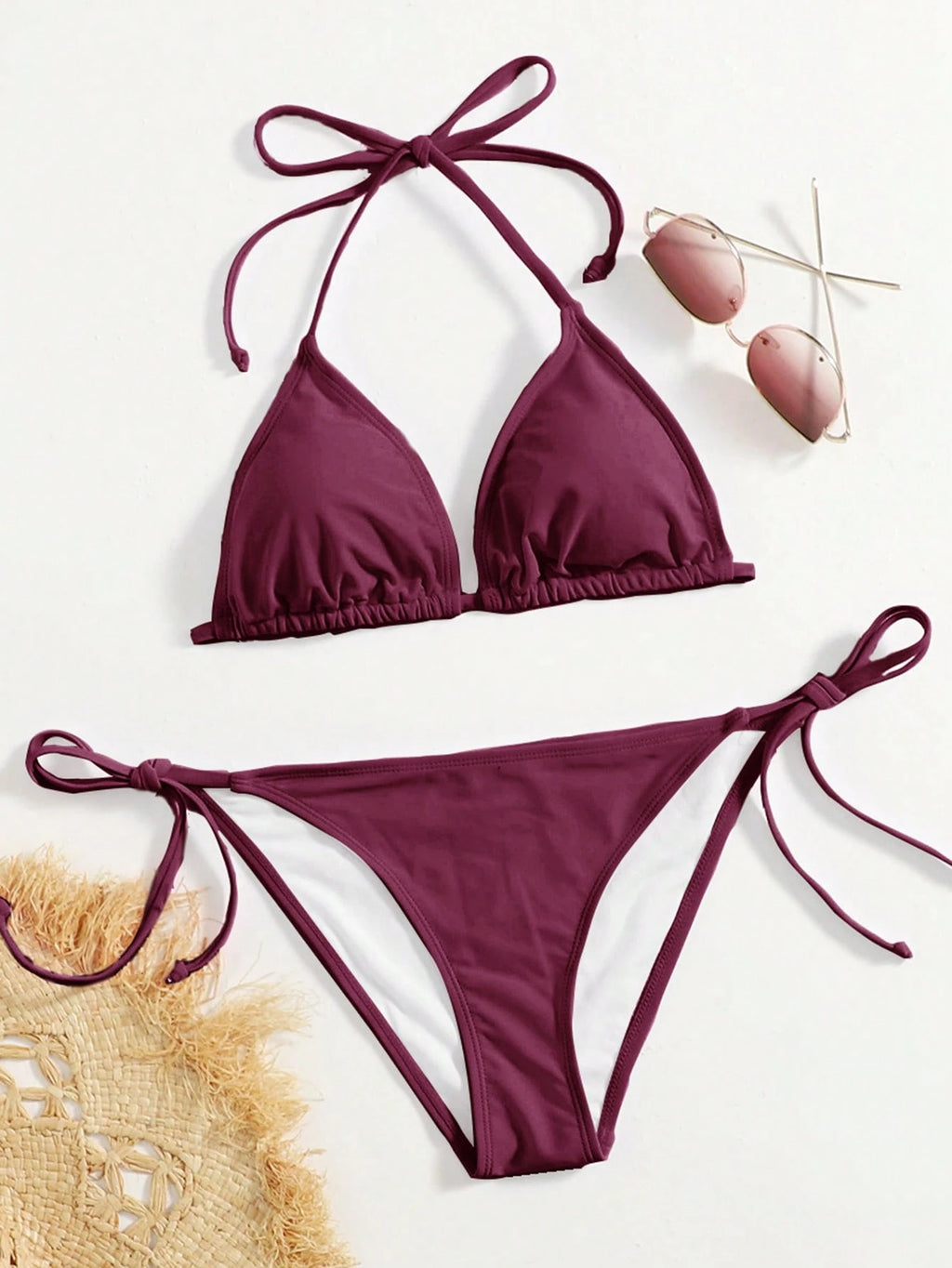 Swim Basics Summer Beach Halter Triangle Tie Side Bikini Set