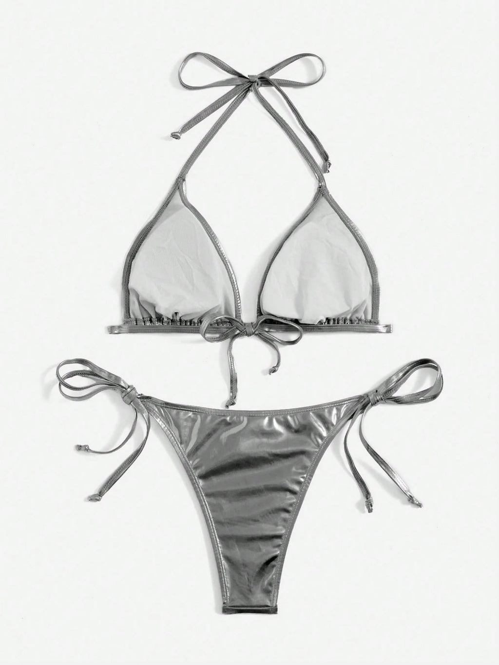 Swim Vcay Solid Color Neck Tie Split Bikini Swimsuit, Summer