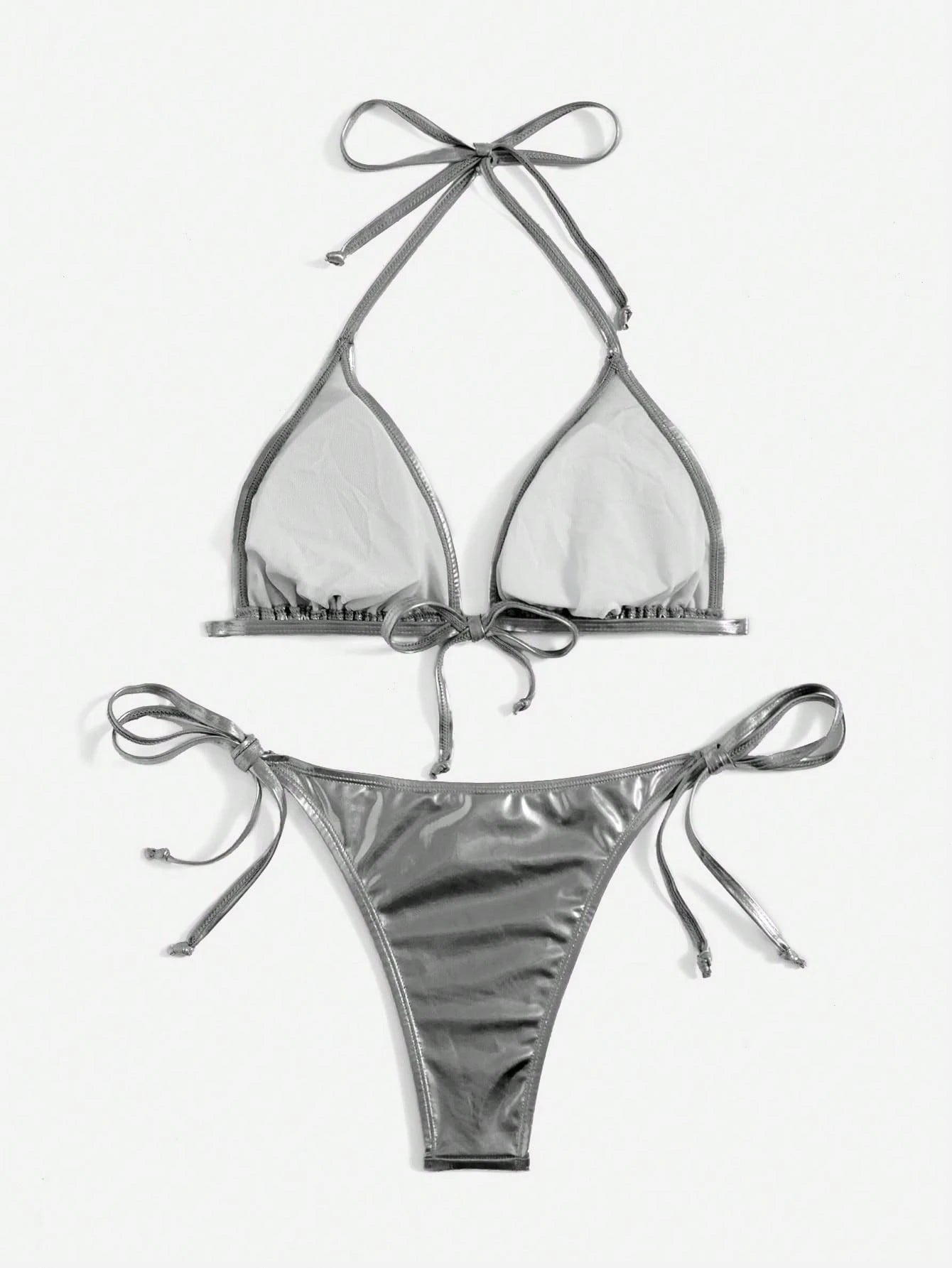 Swim Vcay Solid Color Neck Tie Split Bikini Swimsuit, Summer