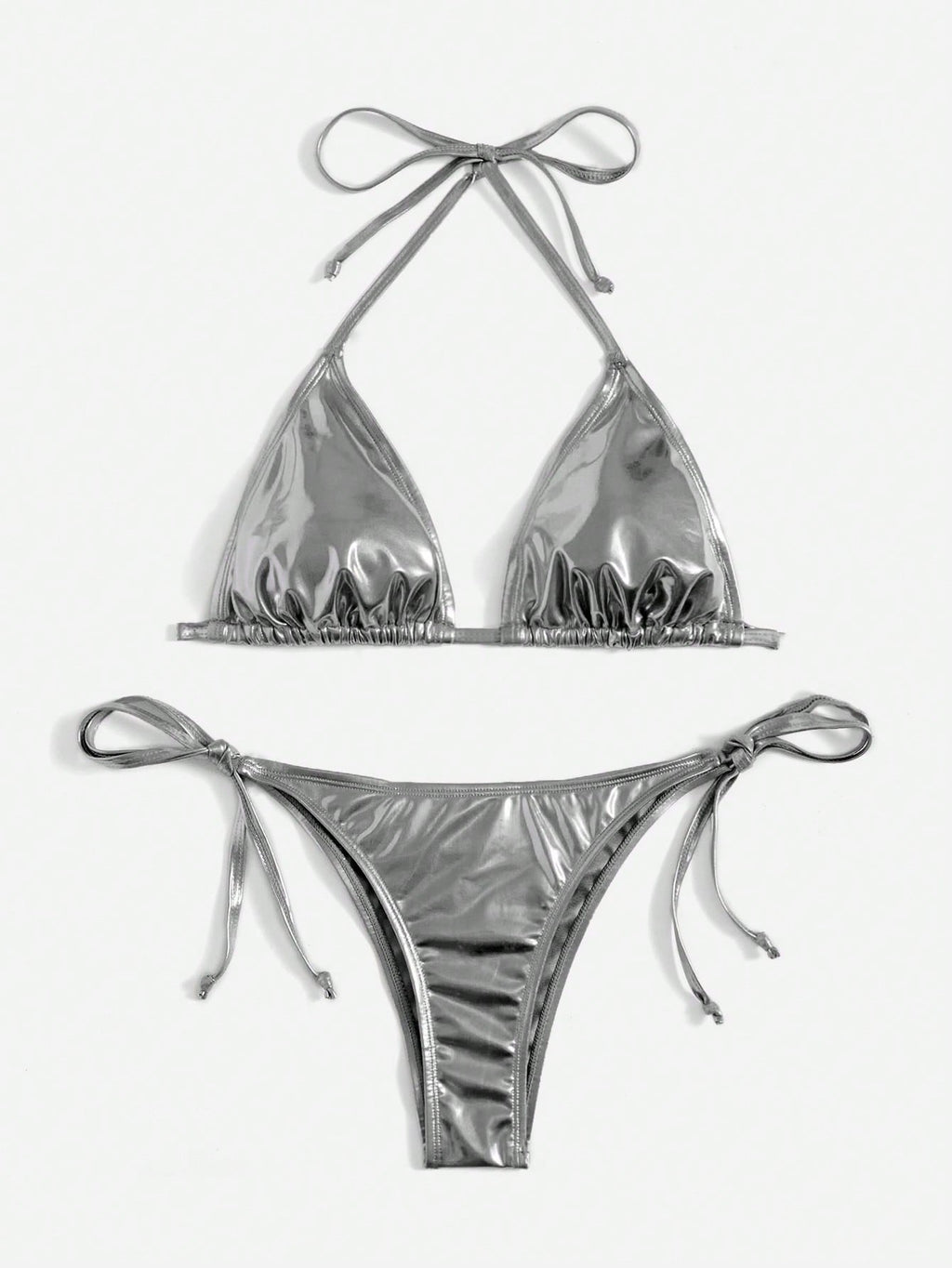 Swim Vcay Solid Color Neck Tie Split Bikini Swimsuit, Summer