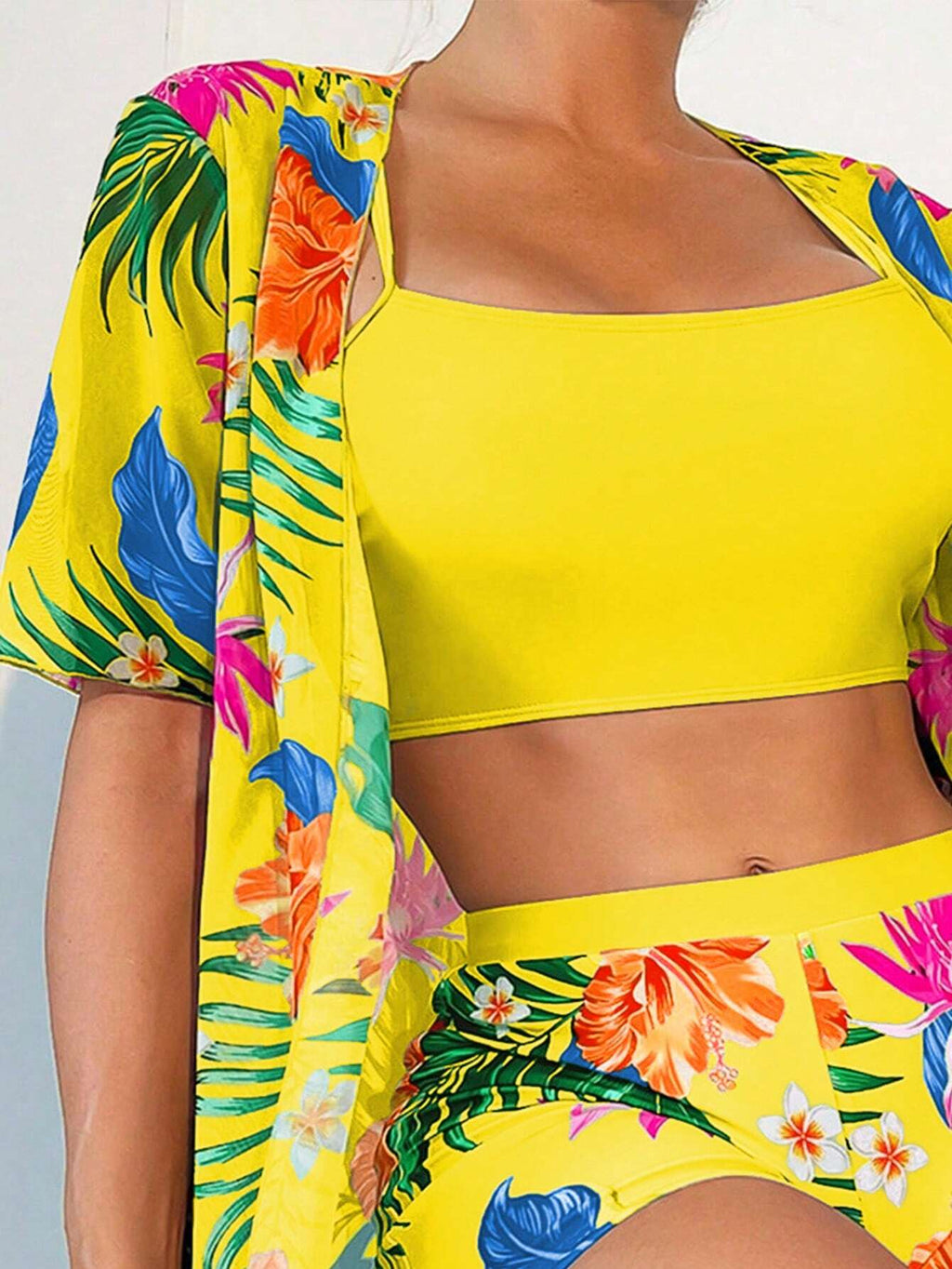 Swim Lushoire Tropical Print Bikini Set Wireless Cami Top & Boxer Shorts & Open