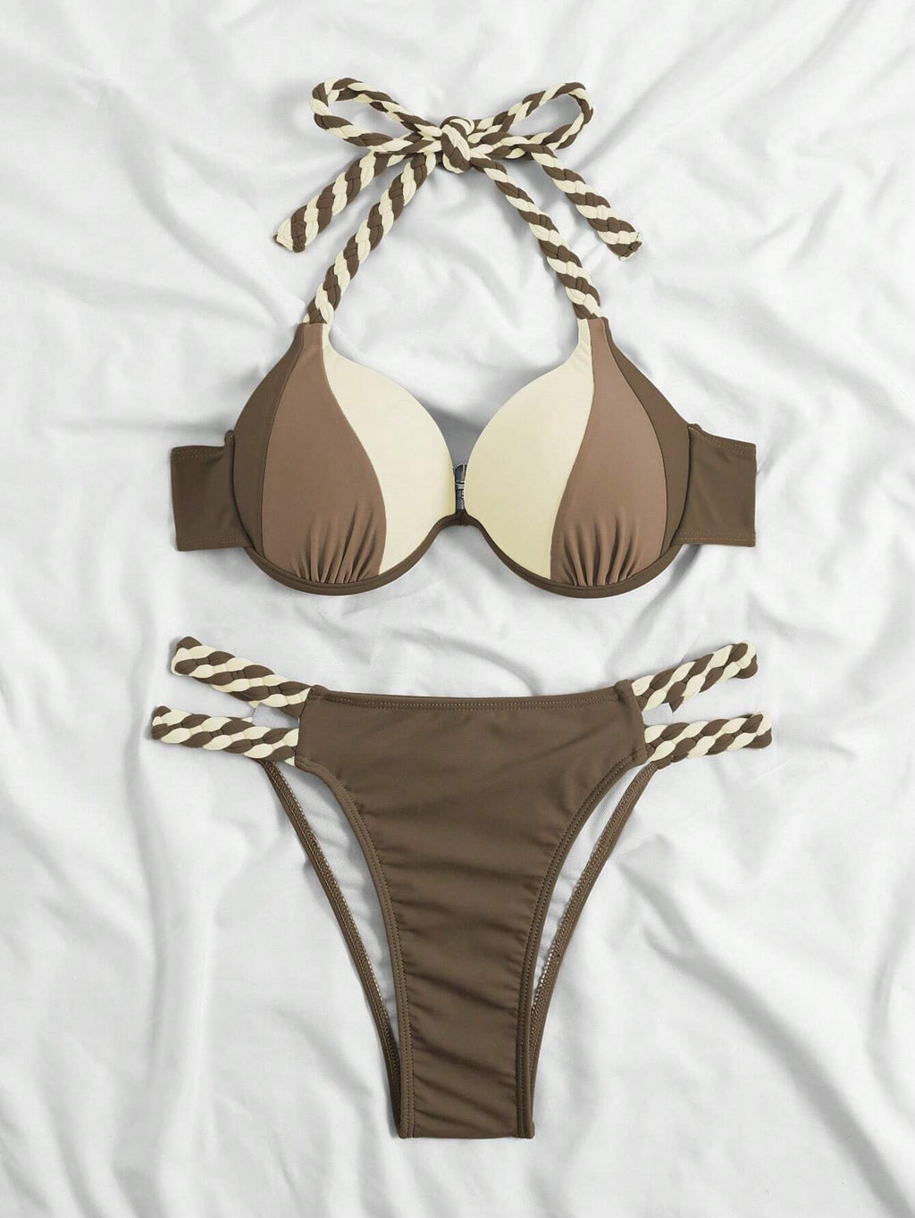 Swim Vcay Women's Summer Beach Color-Block Halter Strap Sexy Bikini