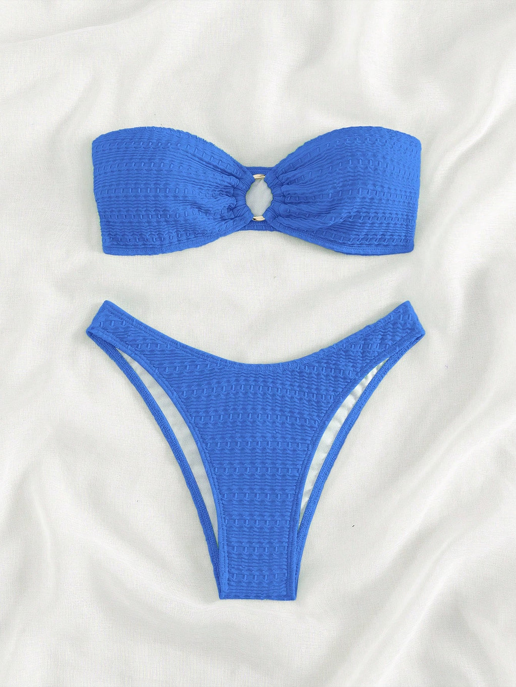 Swim Mod Solid Color Ring Decor Bandeau Bikini Swimsuit