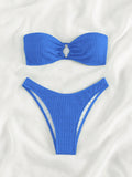 Swim Mod Solid Color Ring Decor Bandeau Bikini Swimsuit