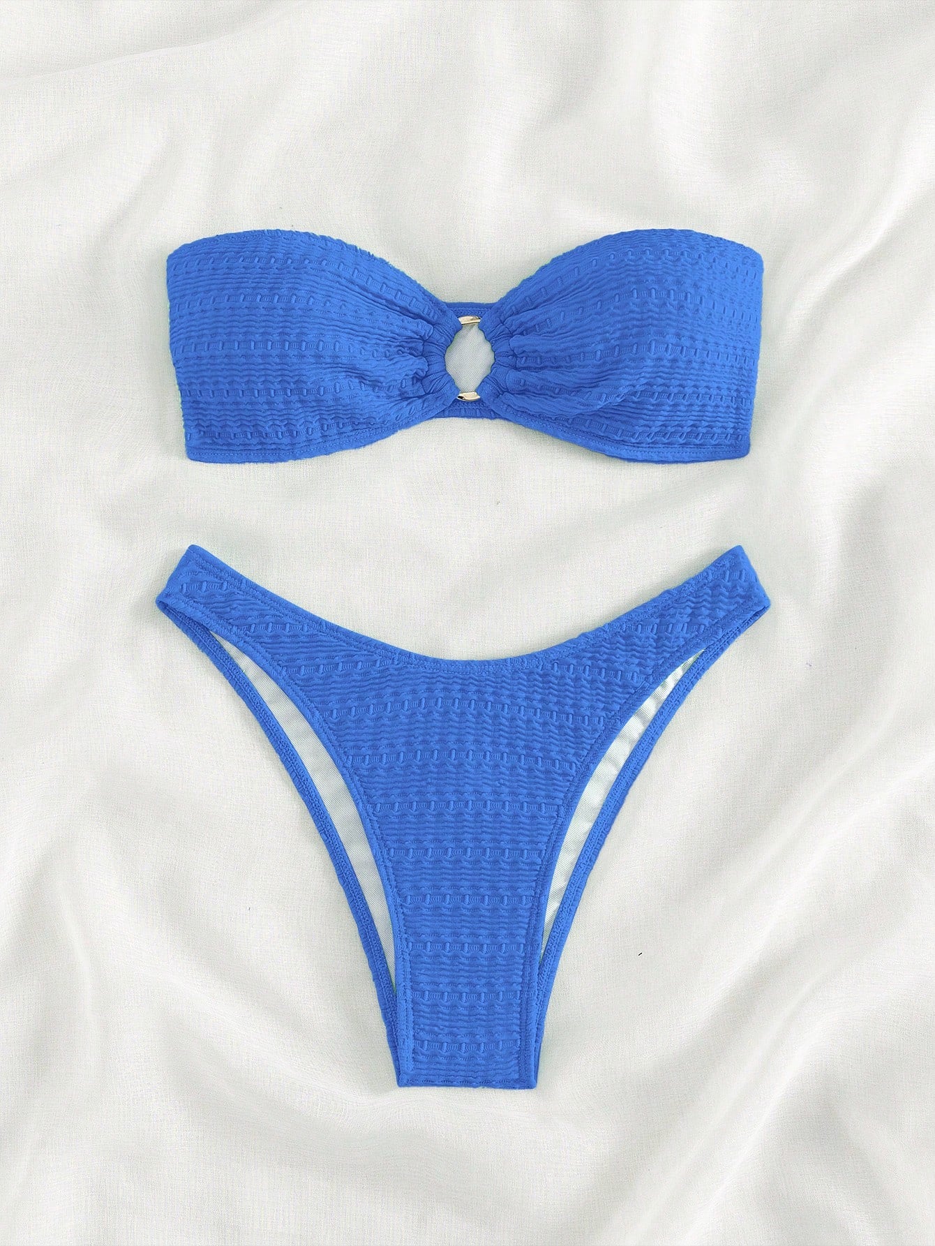 Swim Mod Solid Color Ring Decor Bandeau Bikini Swimsuit