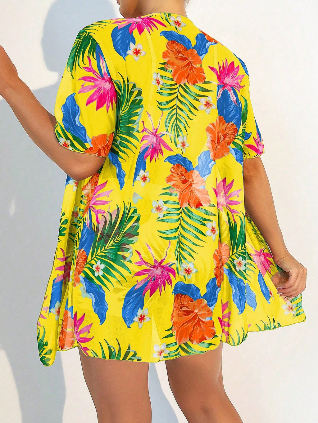Swim Lushoire Tropical Print Bikini Set Wireless Cami Top & Boxer Shorts & Open