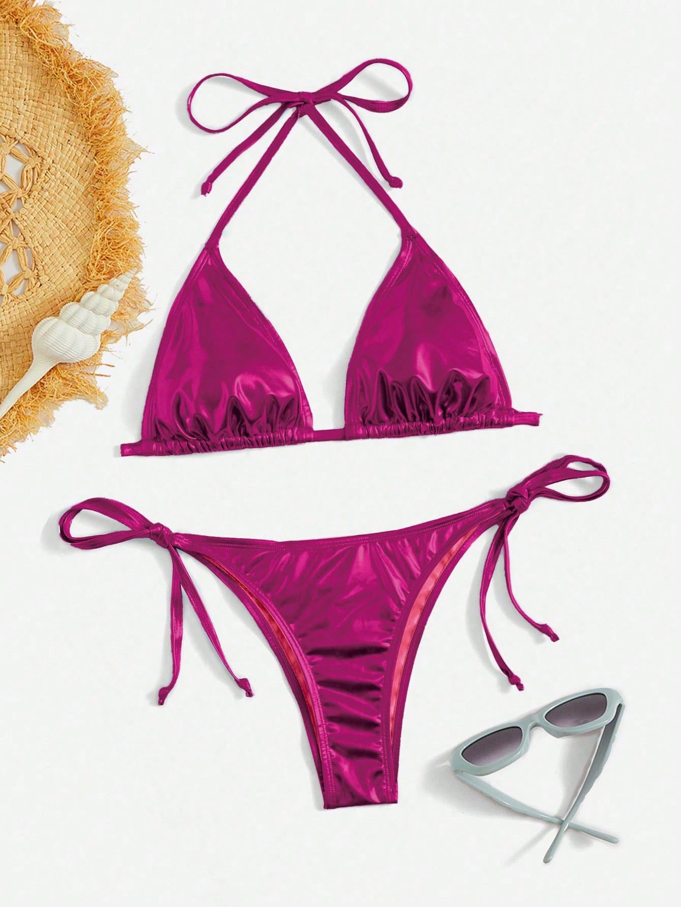 Swim Basics Women's Solid Color Metal-Accented Halter Tie Sexy Bikini Set, Summe