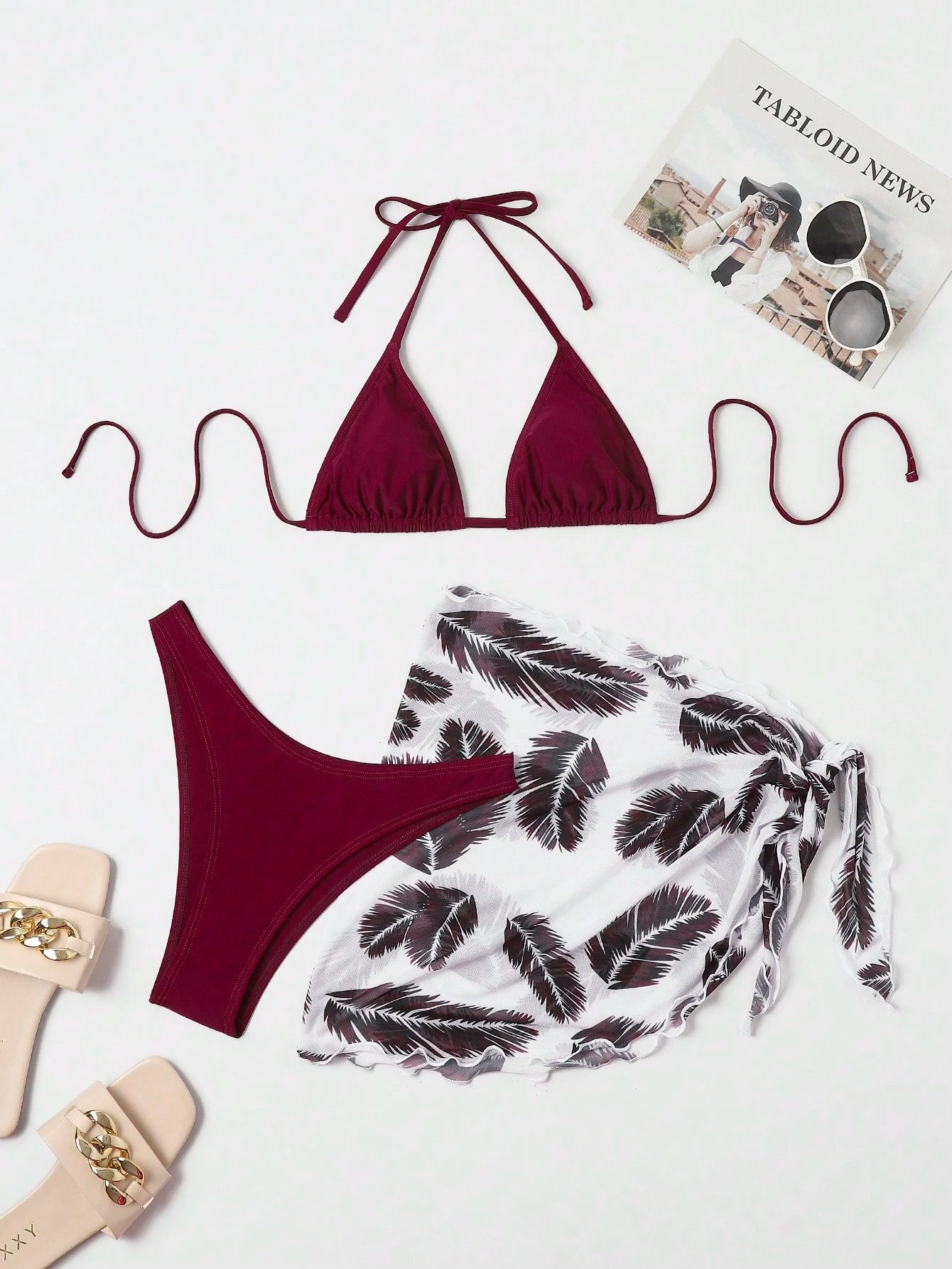 Swim Vcay Summer Beach Leaf Print Bikini Set Halter Triangle Bra & High Cut Bottom & Cover Up Skirt 3 Piece - image 11