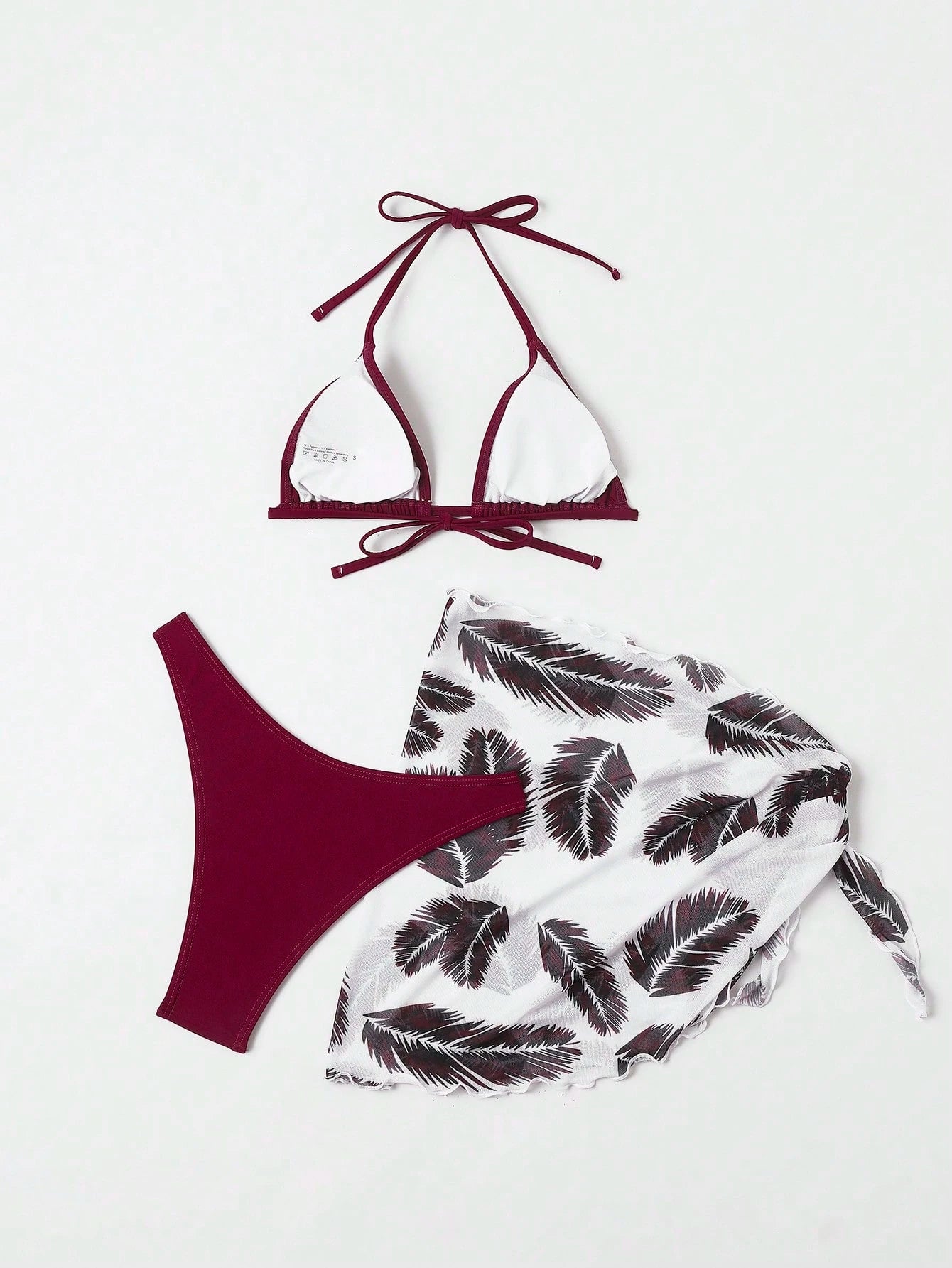 Swim Vcay Summer Beach Leaf Print Bikini Set Halter Triangle Bra &
