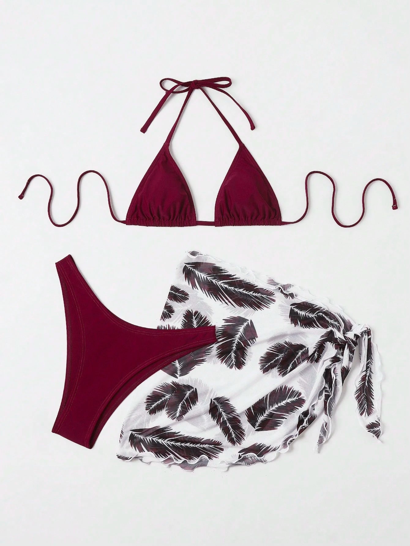 Swim Vcay Summer Beach Leaf Print Bikini Set Halter Triangle Bra &
