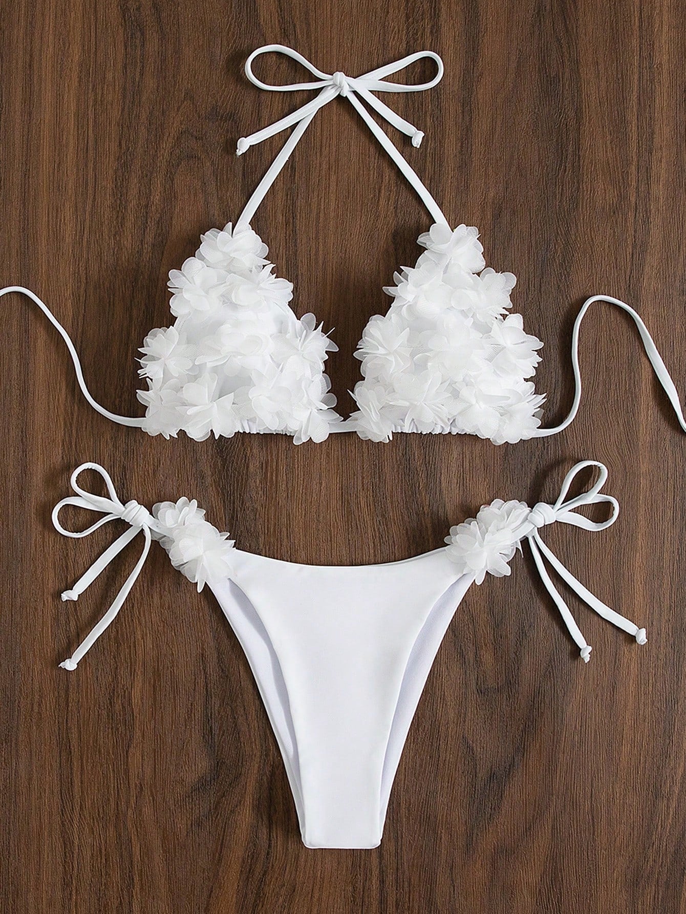 Swim Mod Solid Color Patch Halter Knotted Bikini Swimsuit For Summer Beach Vacat