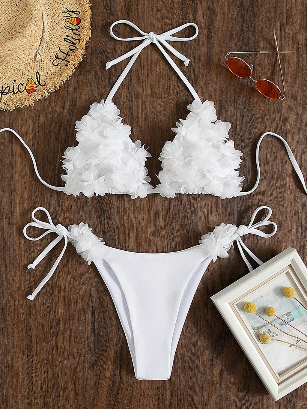 Swim Mod Solid Color Patch Halter Knotted Bikini Swimsuit For Summer Beach Vacat