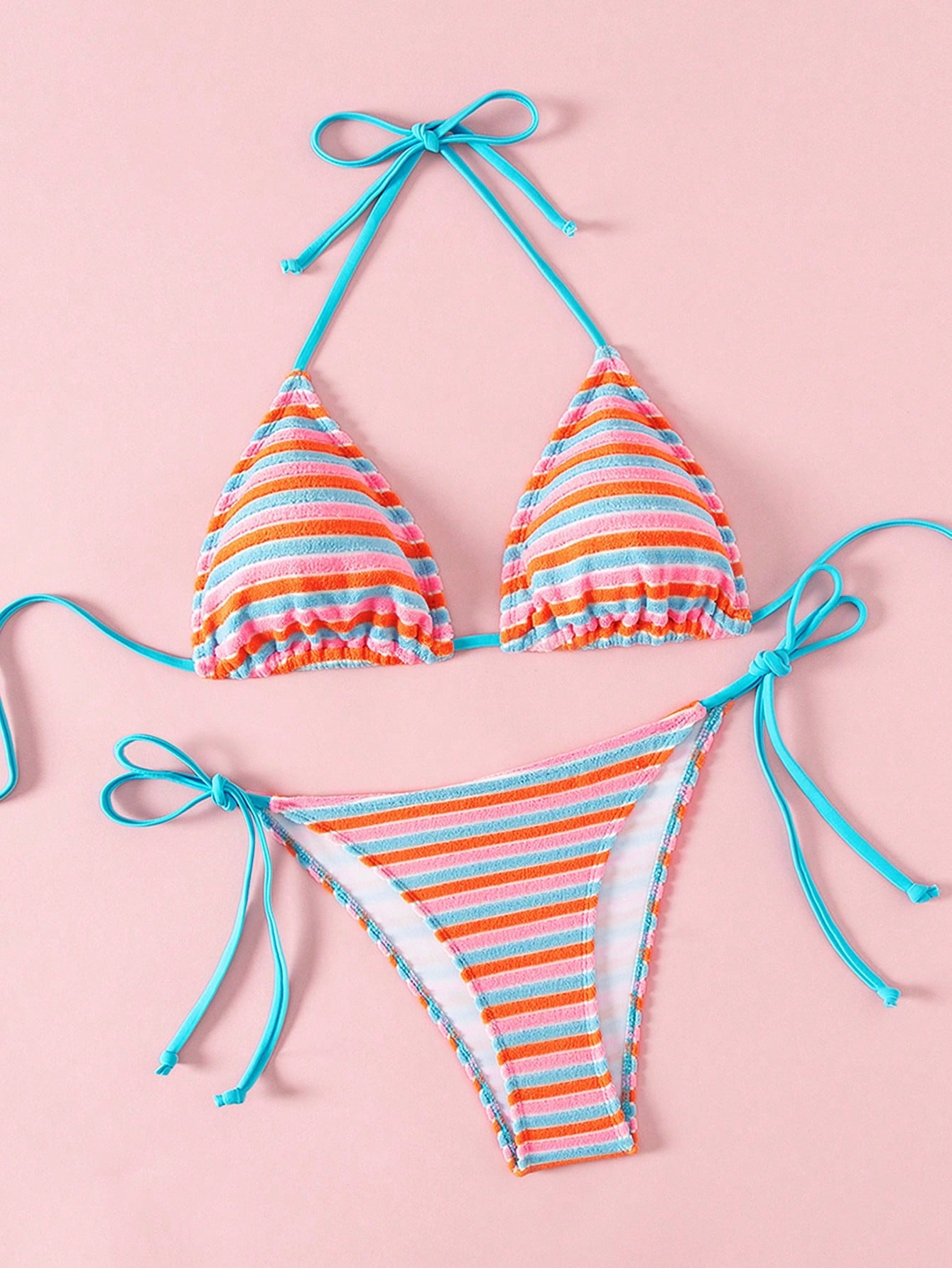 Swim Mod Cute Multicolor Women's Halter Tie Back Striped Bikini Set
