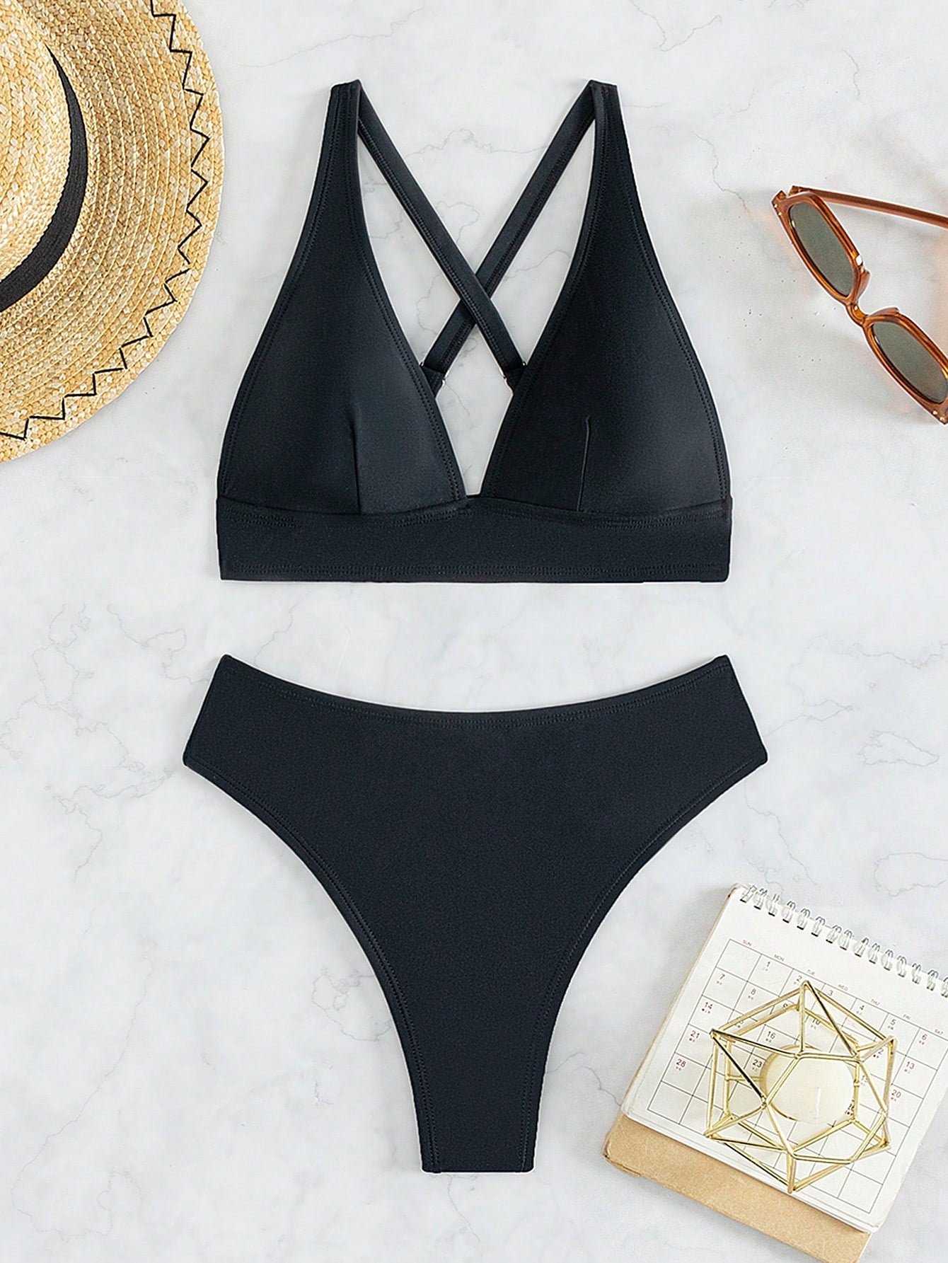 Swim Women's Solid Color Criss-Cross Back Sexy Bikini Swimsuit Set, Summer Beach - image 3
