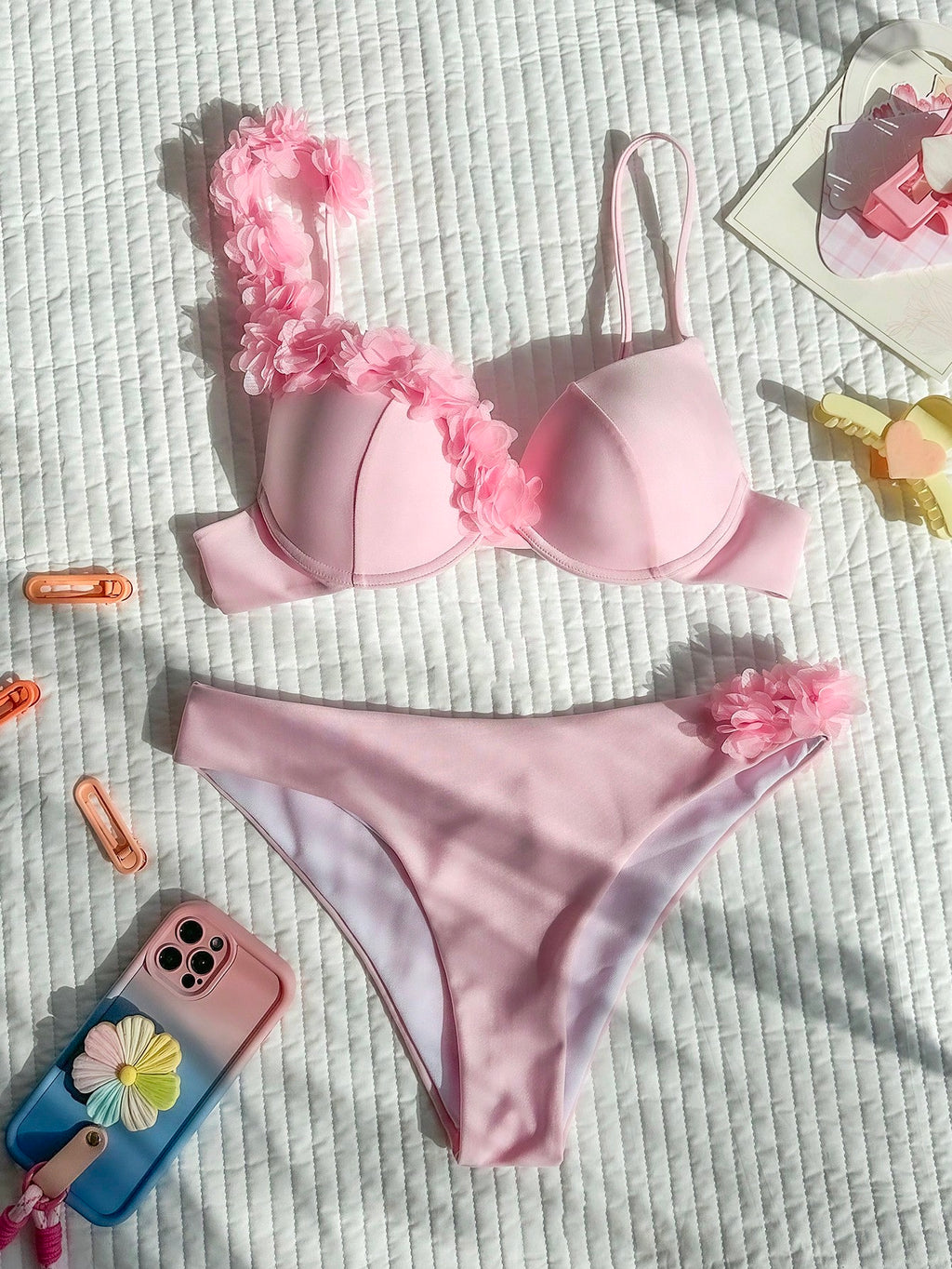 Swim SXY Summer Beach Flower Deco V-Neck Bikini Set, Bikini Set, Two Pieces
