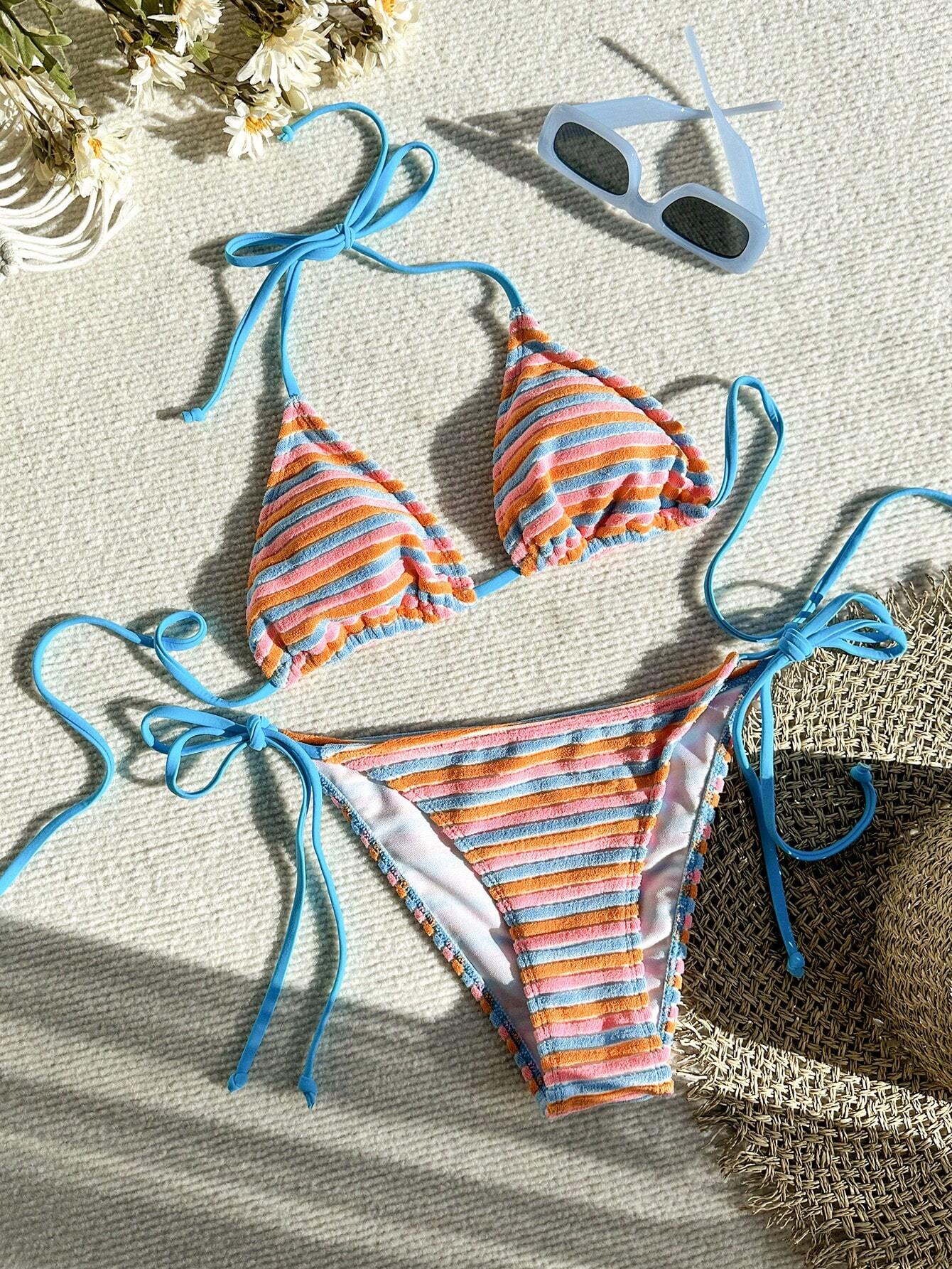 Swim Mod Cute Multicolor Women's Halter Tie Back Striped Bikini Set