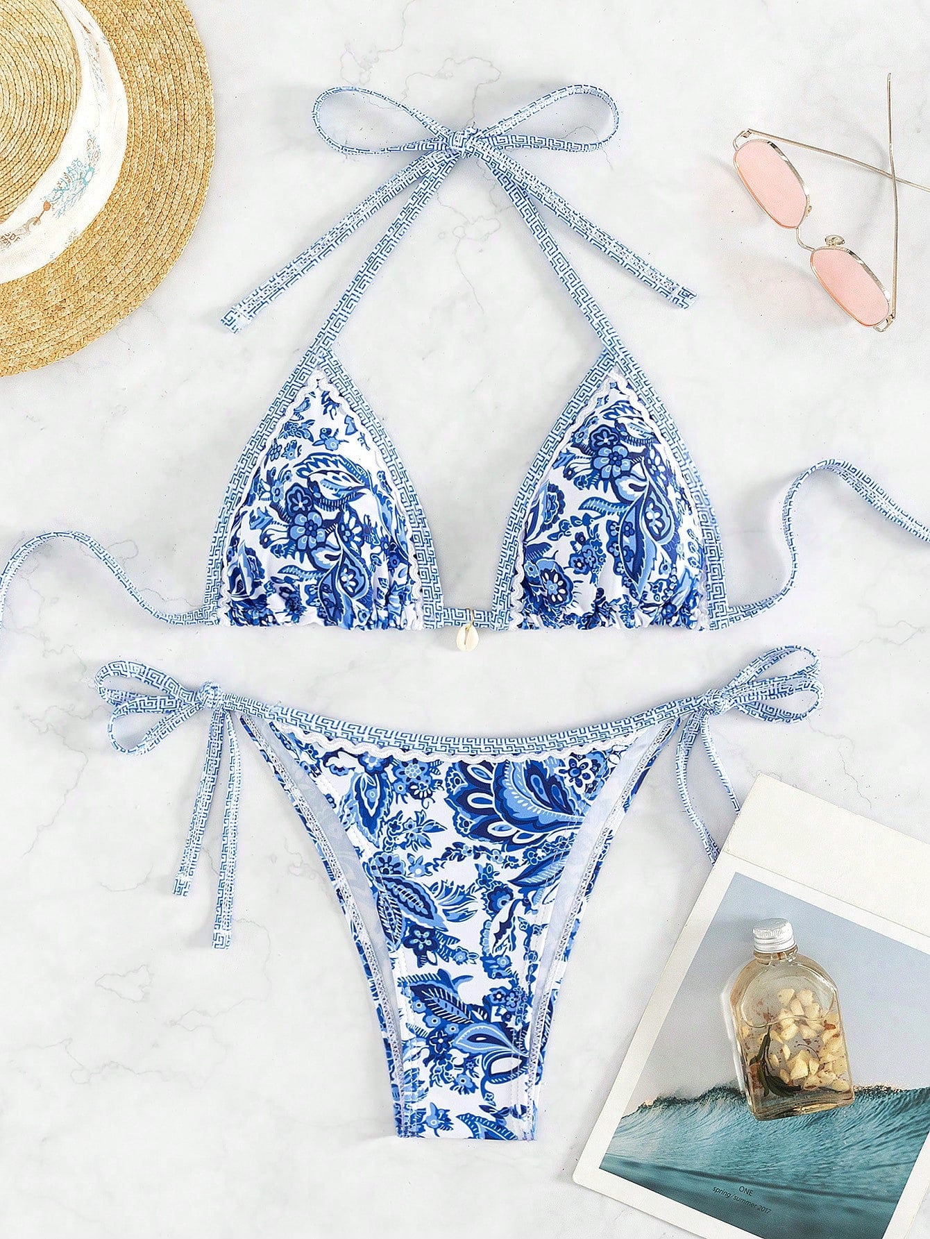 Swim Vcay Summer Beach Women's Floral Printed Halter Neck Bikini Set