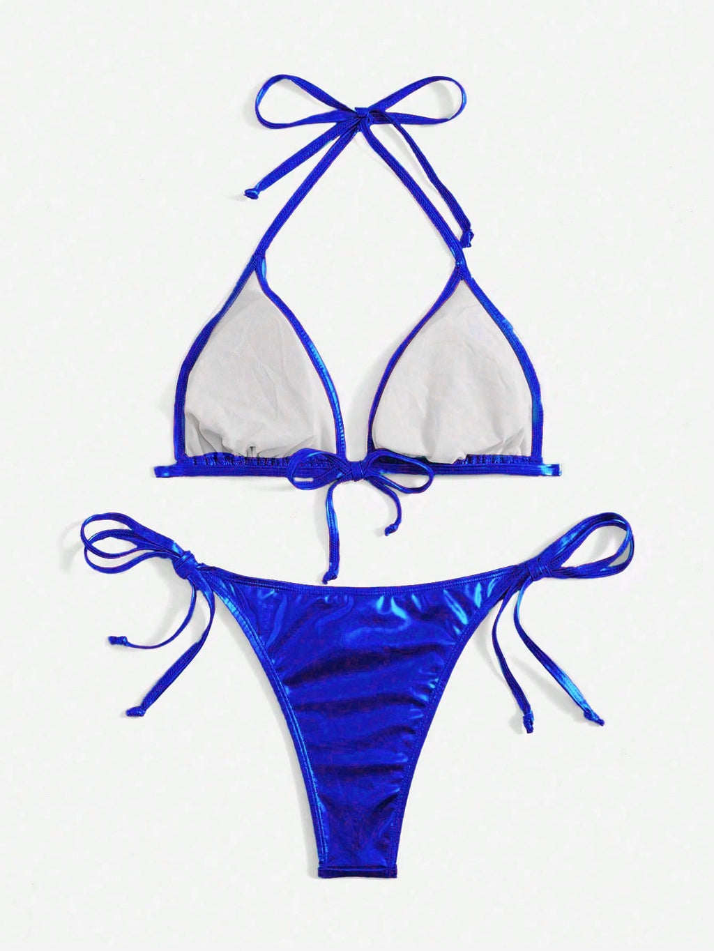 Swim Vcay Summer Beach Metallic Halter Triangle Tie Side Bikini Set