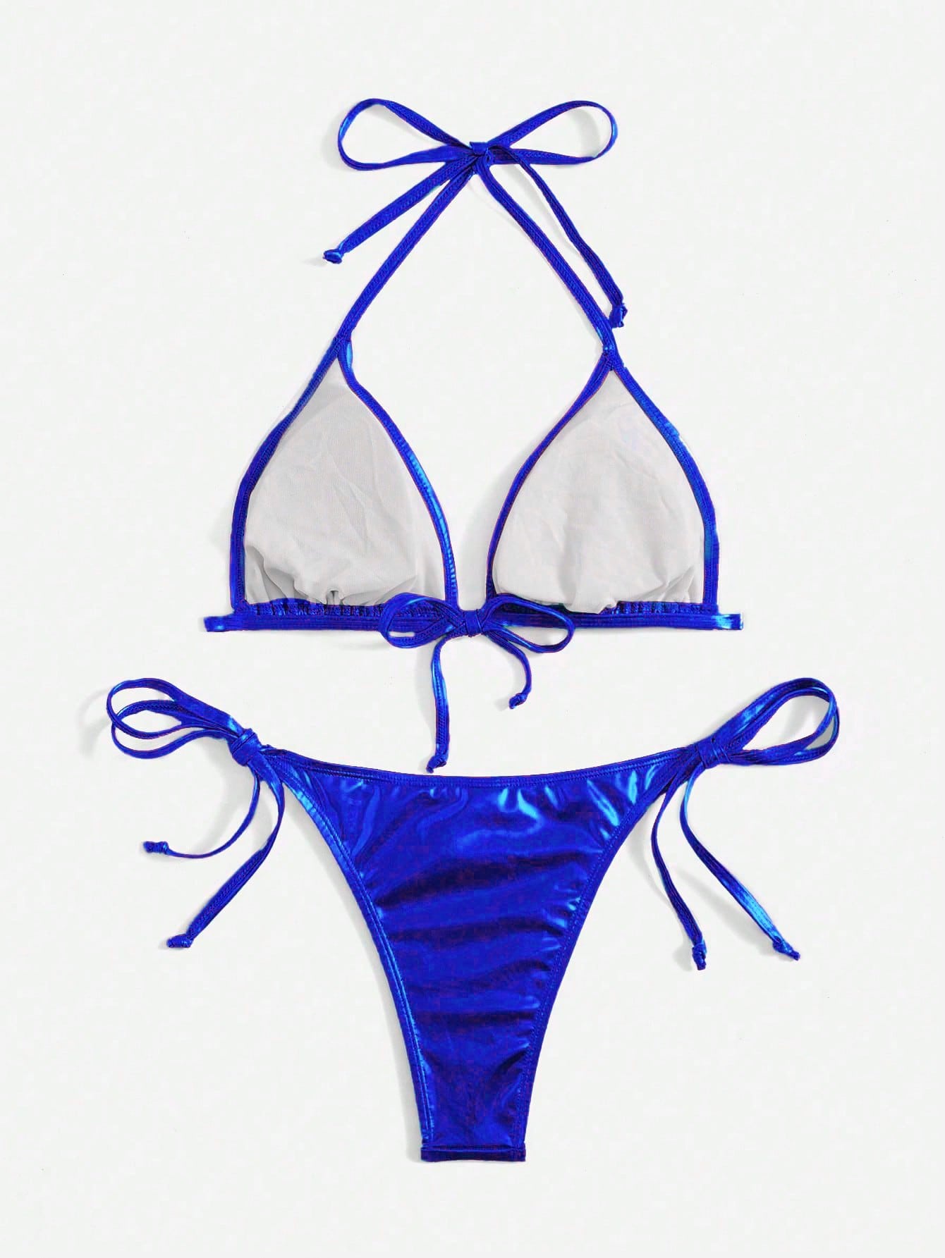 Swim Vcay Summer Beach Metallic Halter Triangle Tie Side Bikini Set