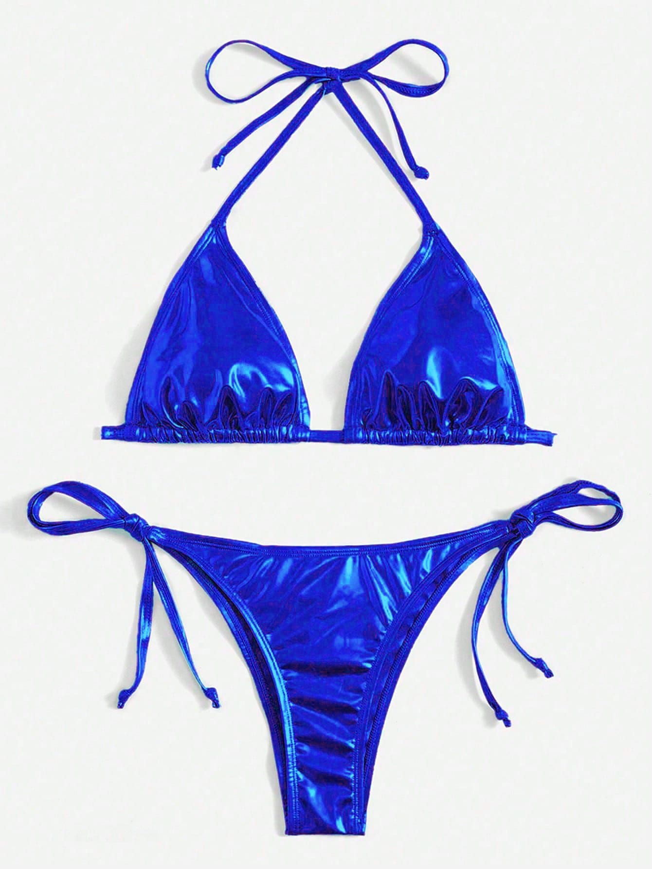 Swim Vcay Summer Beach Metallic Halter Triangle Tie Side Bikini Set