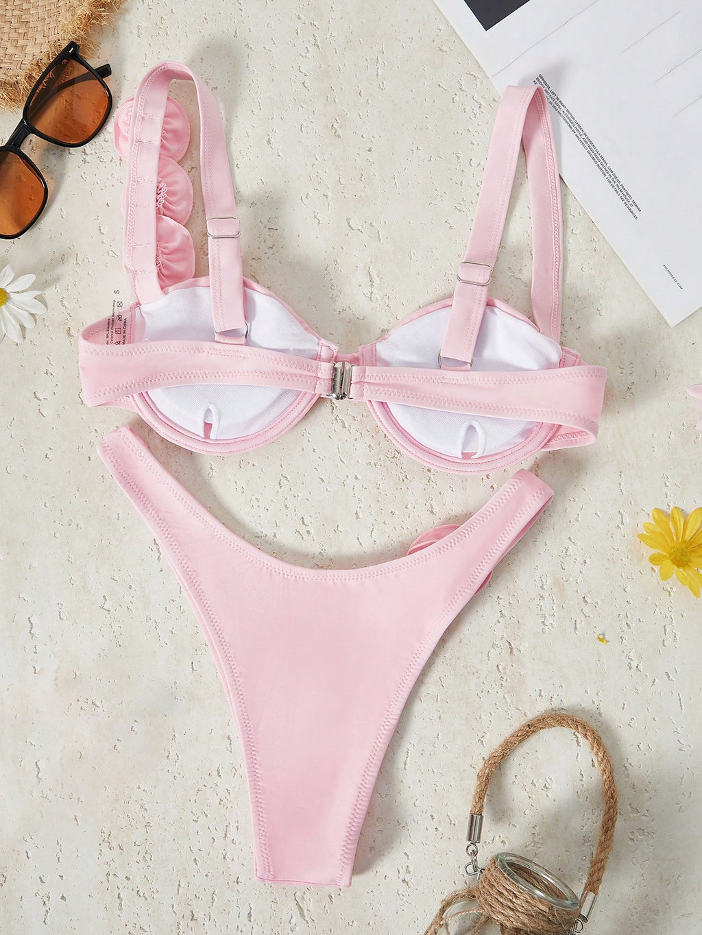 Bikinx Women's Solid Color Underwire Bikini With 3D Floral Design,
