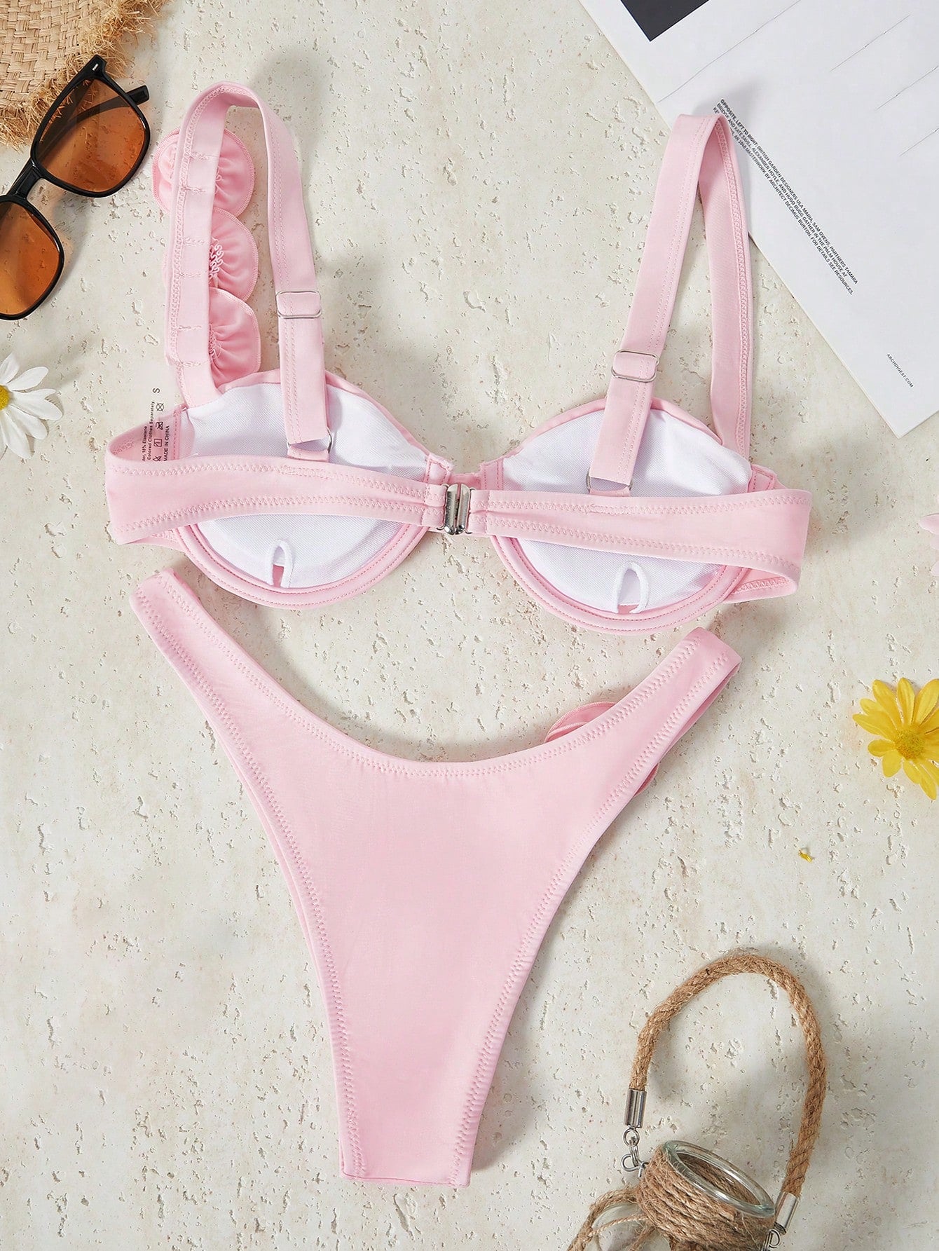 Bikinx Women's Solid Color Underwire Bikini With 3D Floral Design,