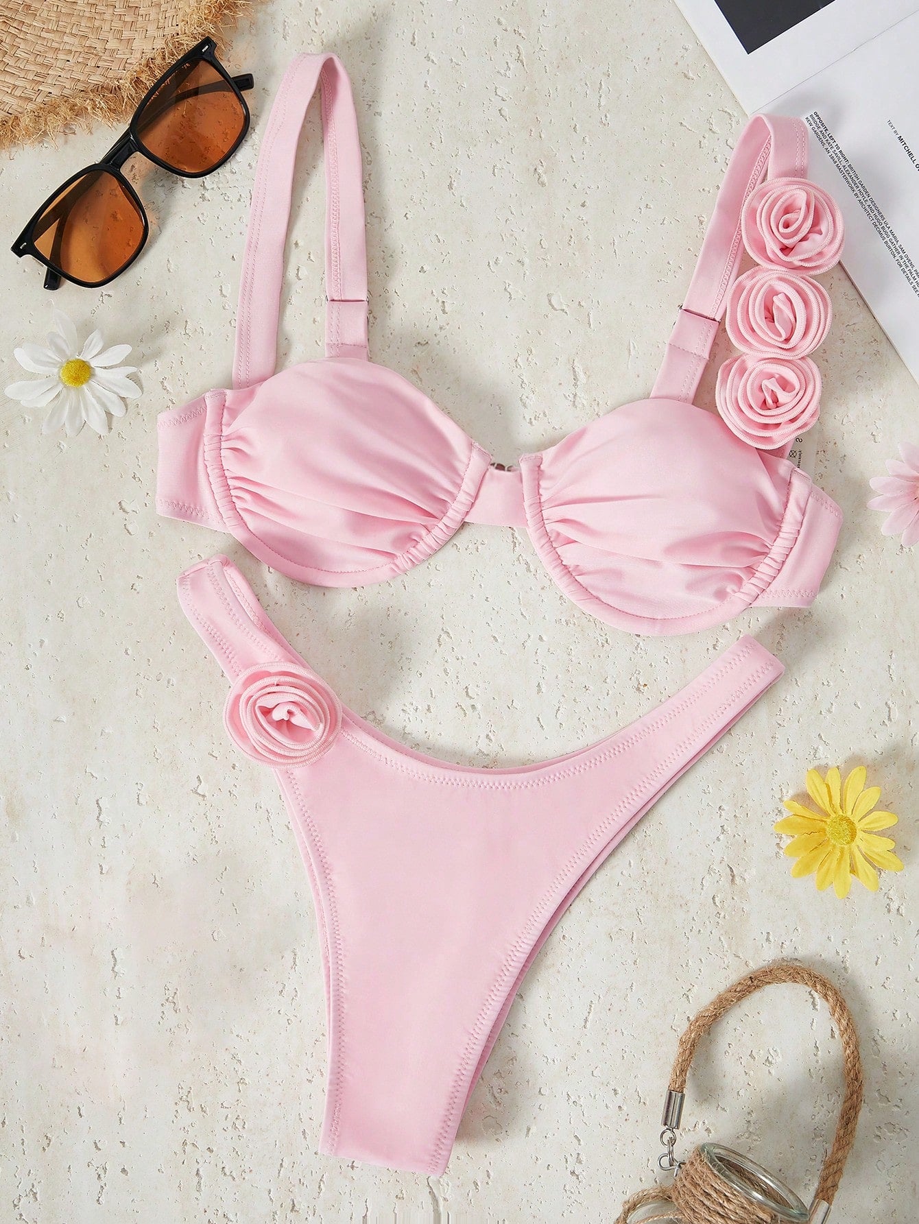 Bikinx Women's Solid Color Underwire Bikini With 3D Floral Design,