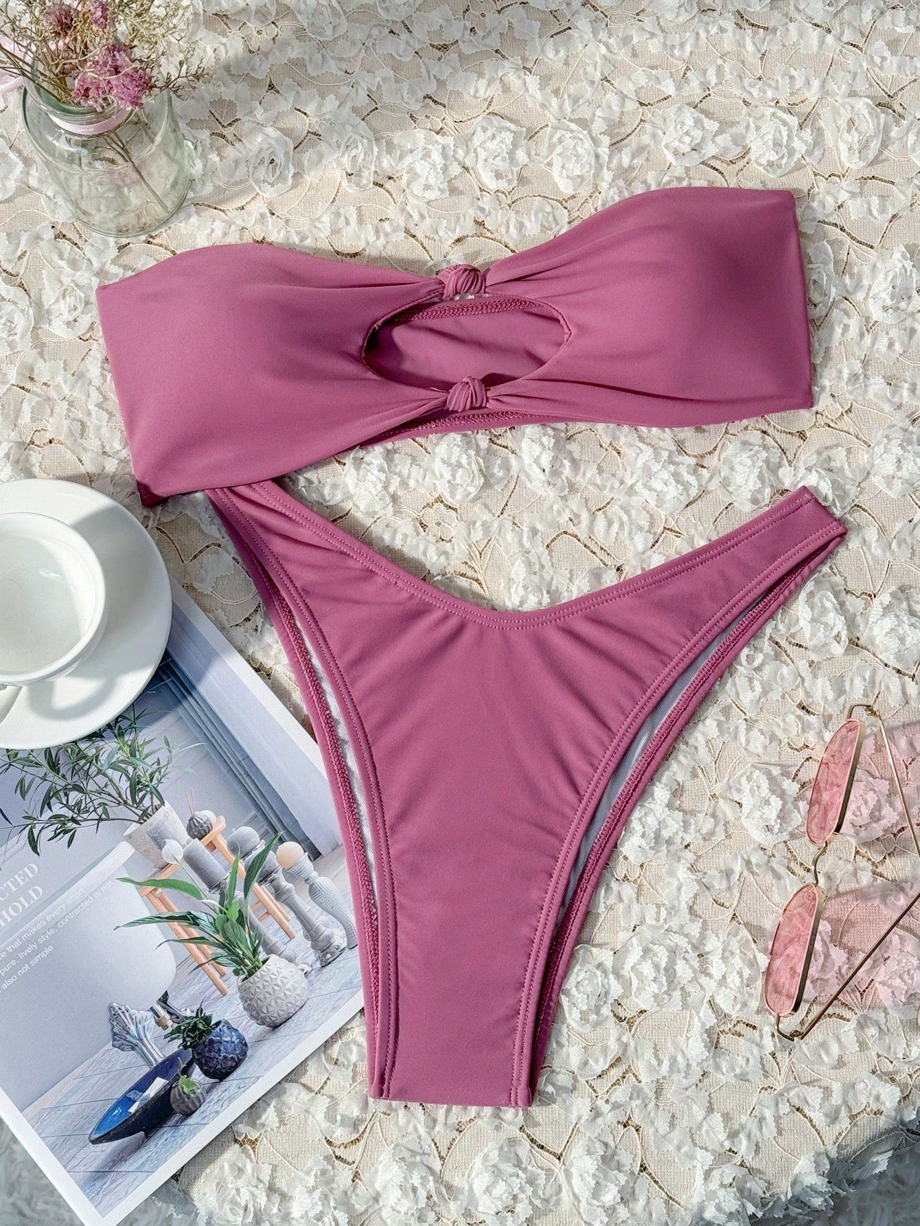 Swim Mod Women's Summer Beach Solid Color Wireless Ruched Bikini Top