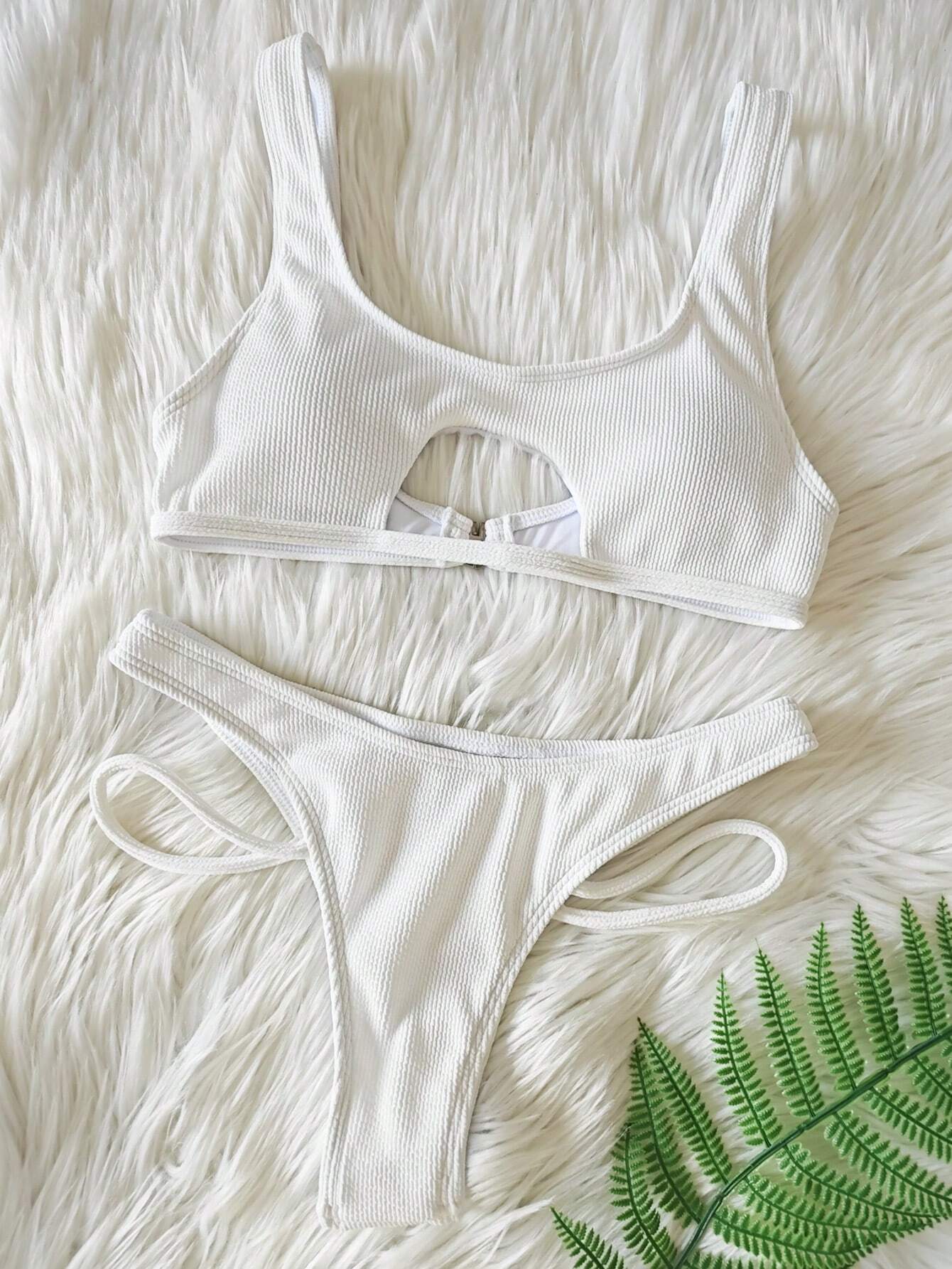 2pcs/Set Ribbed Hollow Out Round Neck Sexy Solid Color Bikini Set,