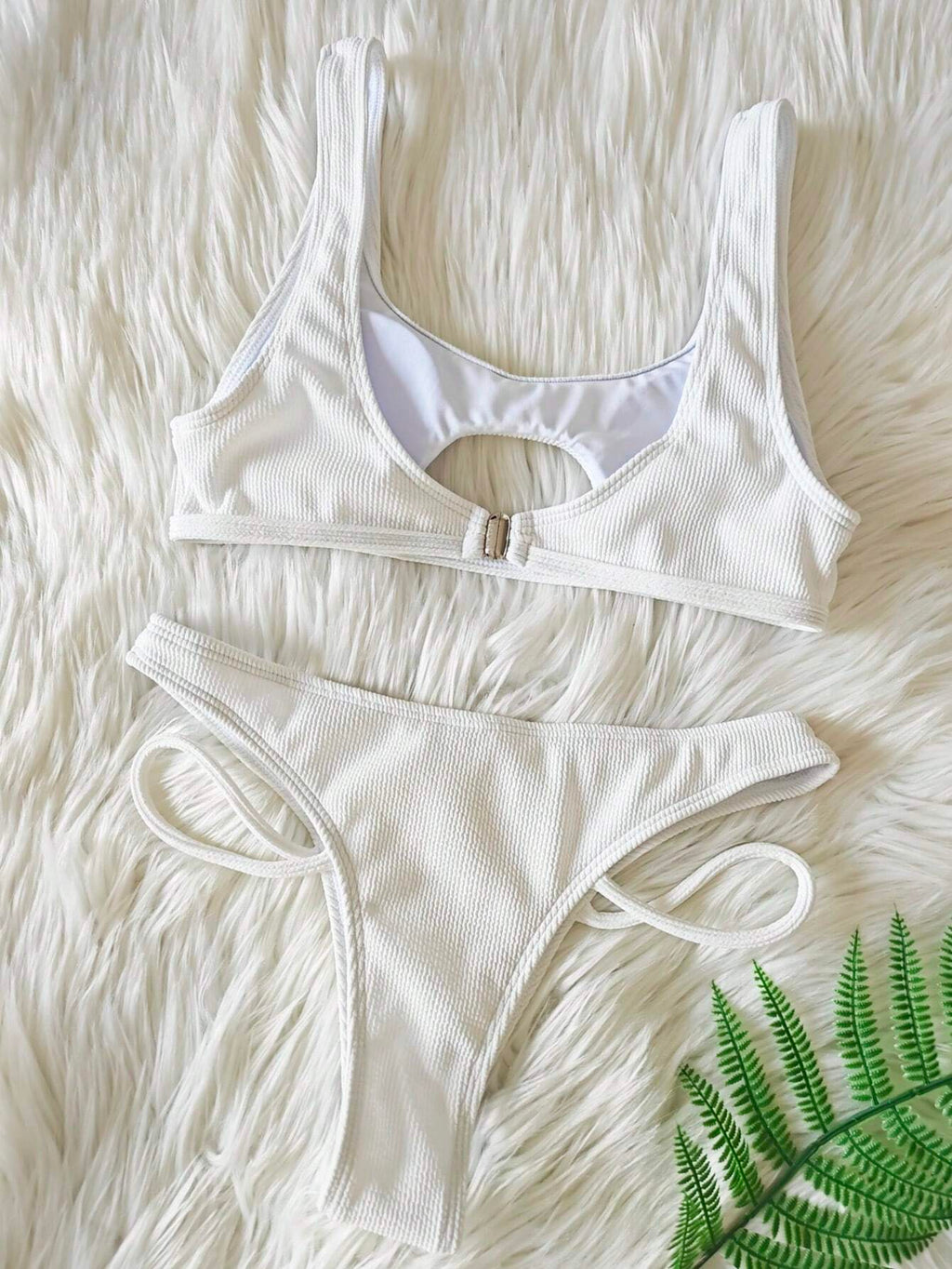 2pcs/Set Ribbed Hollow Out Round Neck Sexy Solid Color Bikini Set,