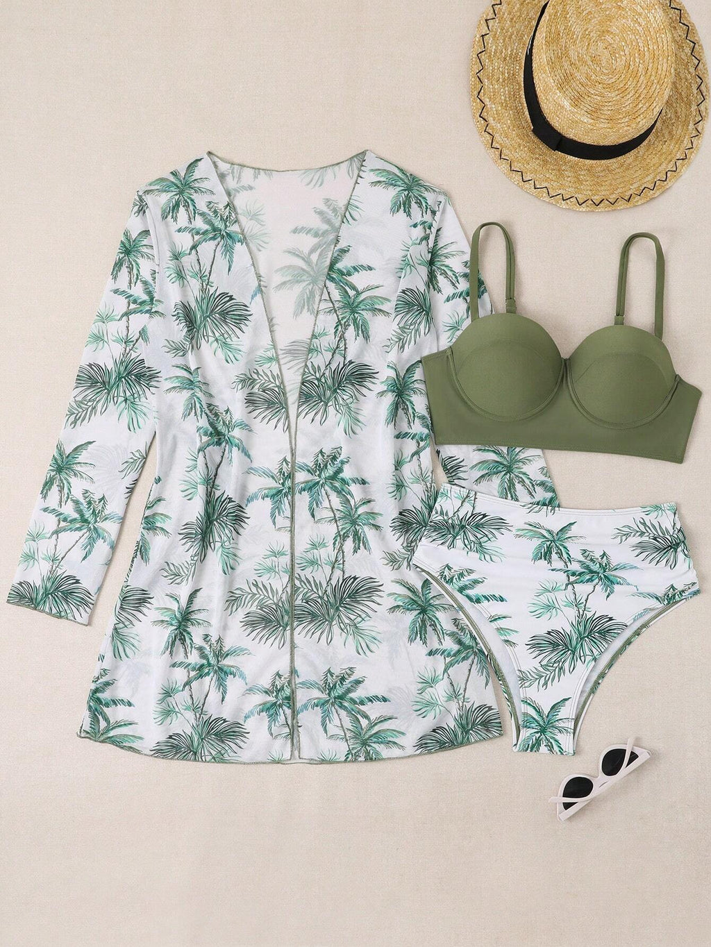 3pcs Solid Color Swimwear Set With Printed Briefs, Cover Up And