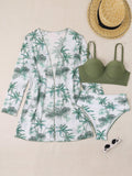 3pcs Solid Color Swimwear Set With Printed Briefs, Cover Up And
