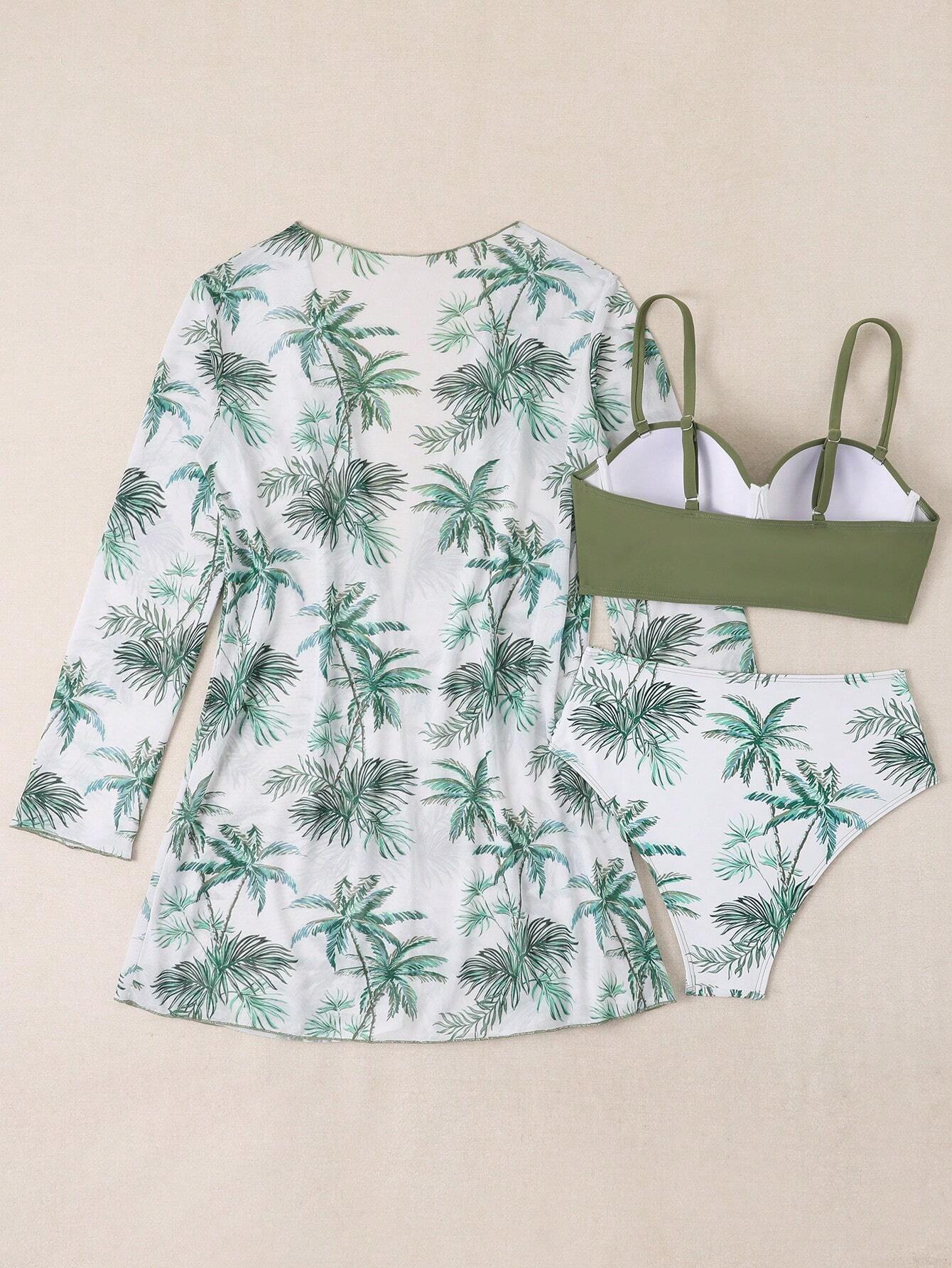 3pcs Solid Color Swimwear Set With Printed Briefs, Cover Up And