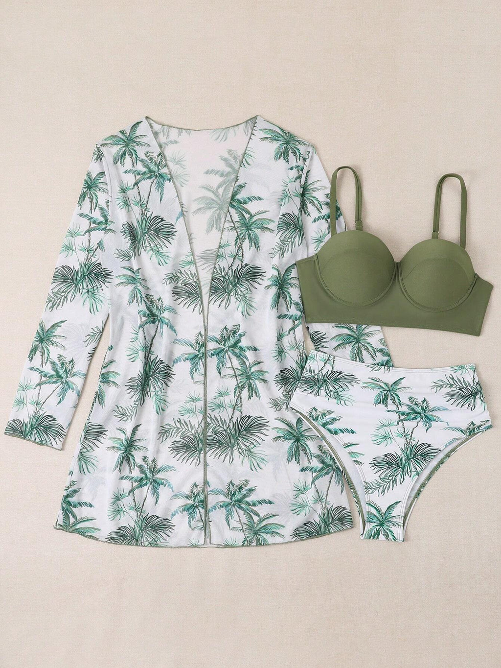 3pcs Solid Color Swimwear Set With Printed Briefs, Cover Up And