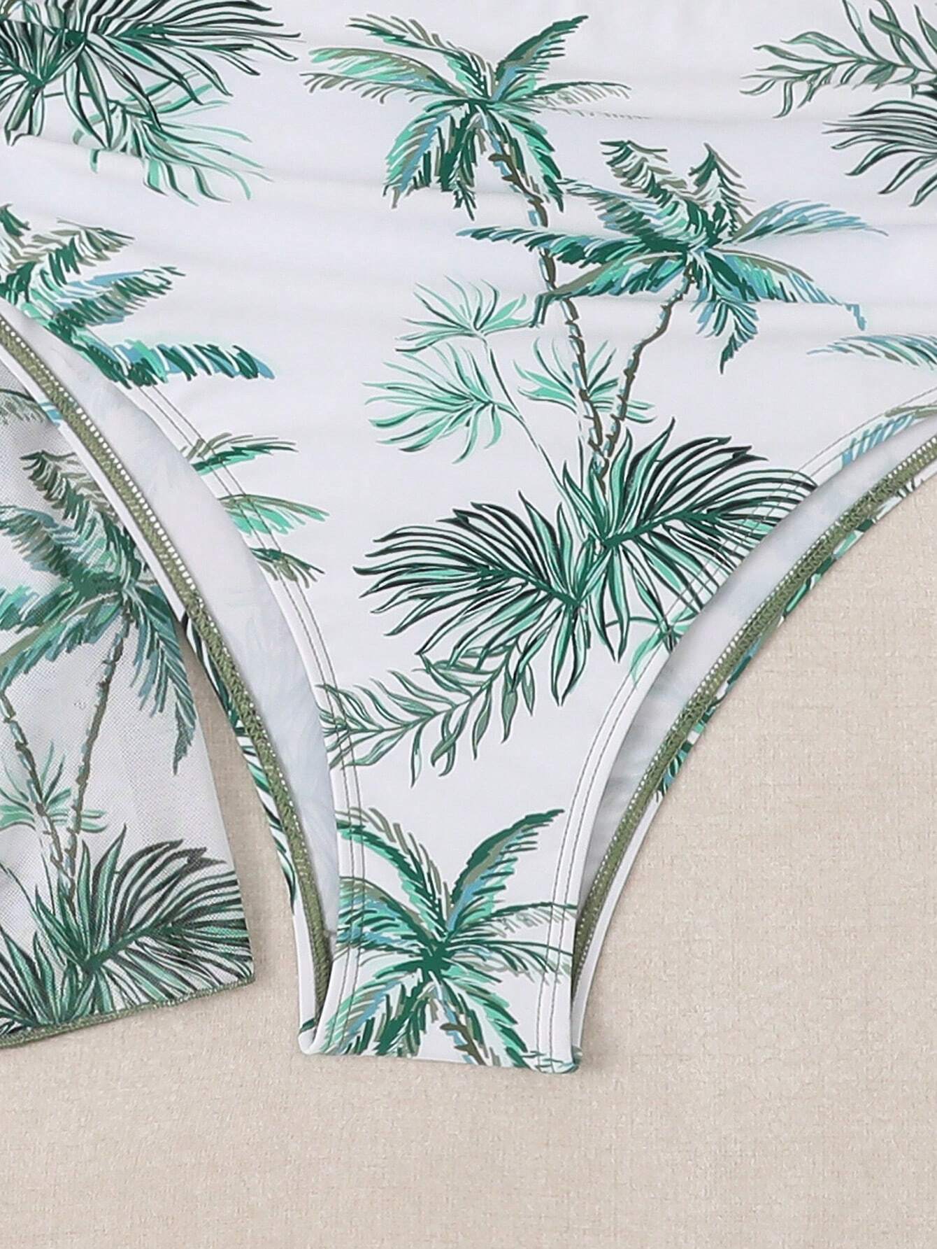 3pcs Solid Color Swimwear Set With Printed Briefs, Cover Up And