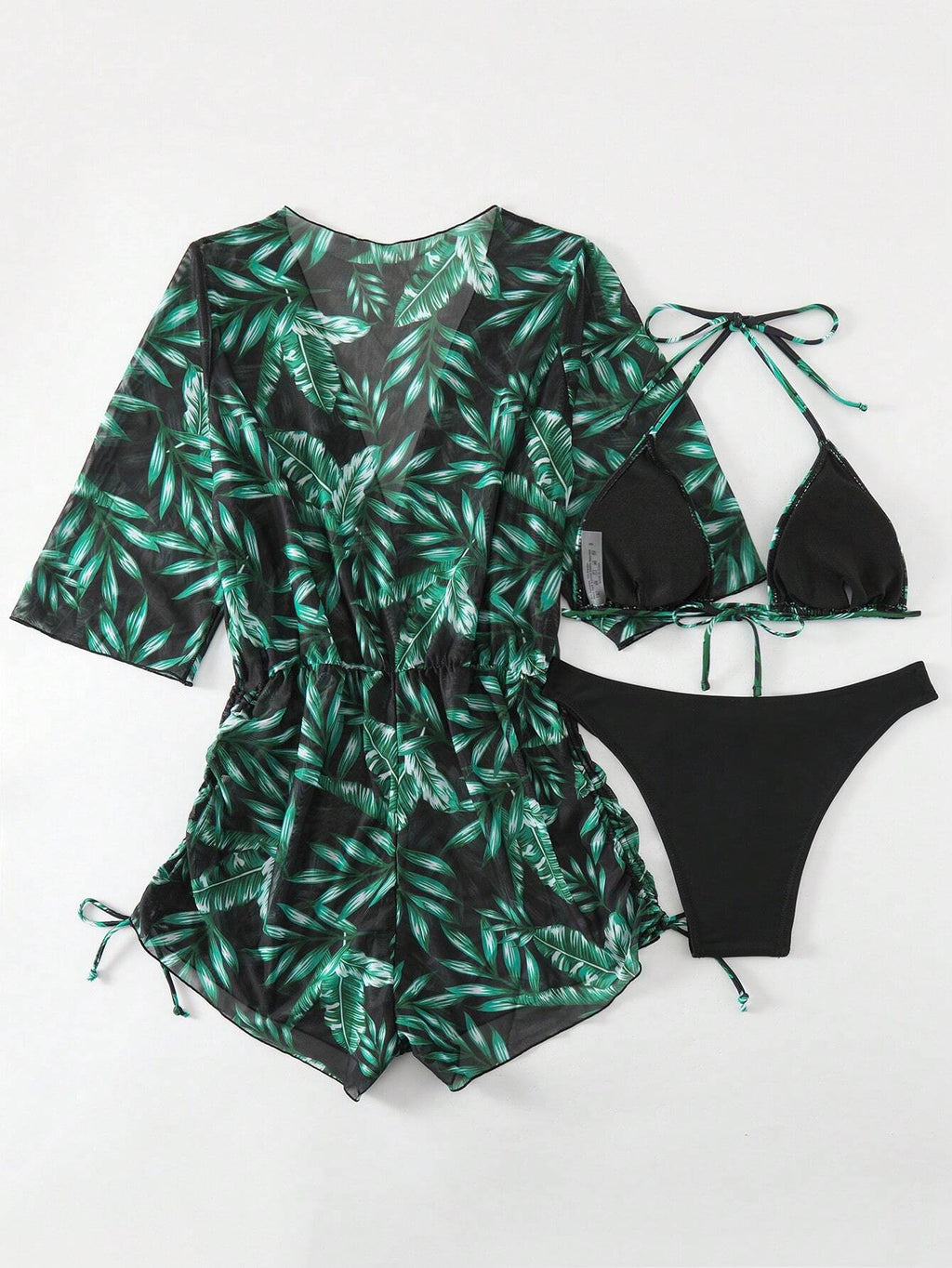 3pcs/Set Women's Tropical Plants Print Halter Tie Bikini Set With