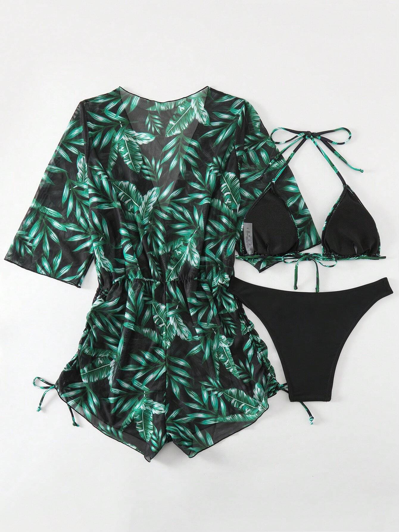 3pcs/Set Women's Tropical Plants Print Halter Tie Bikini Set With