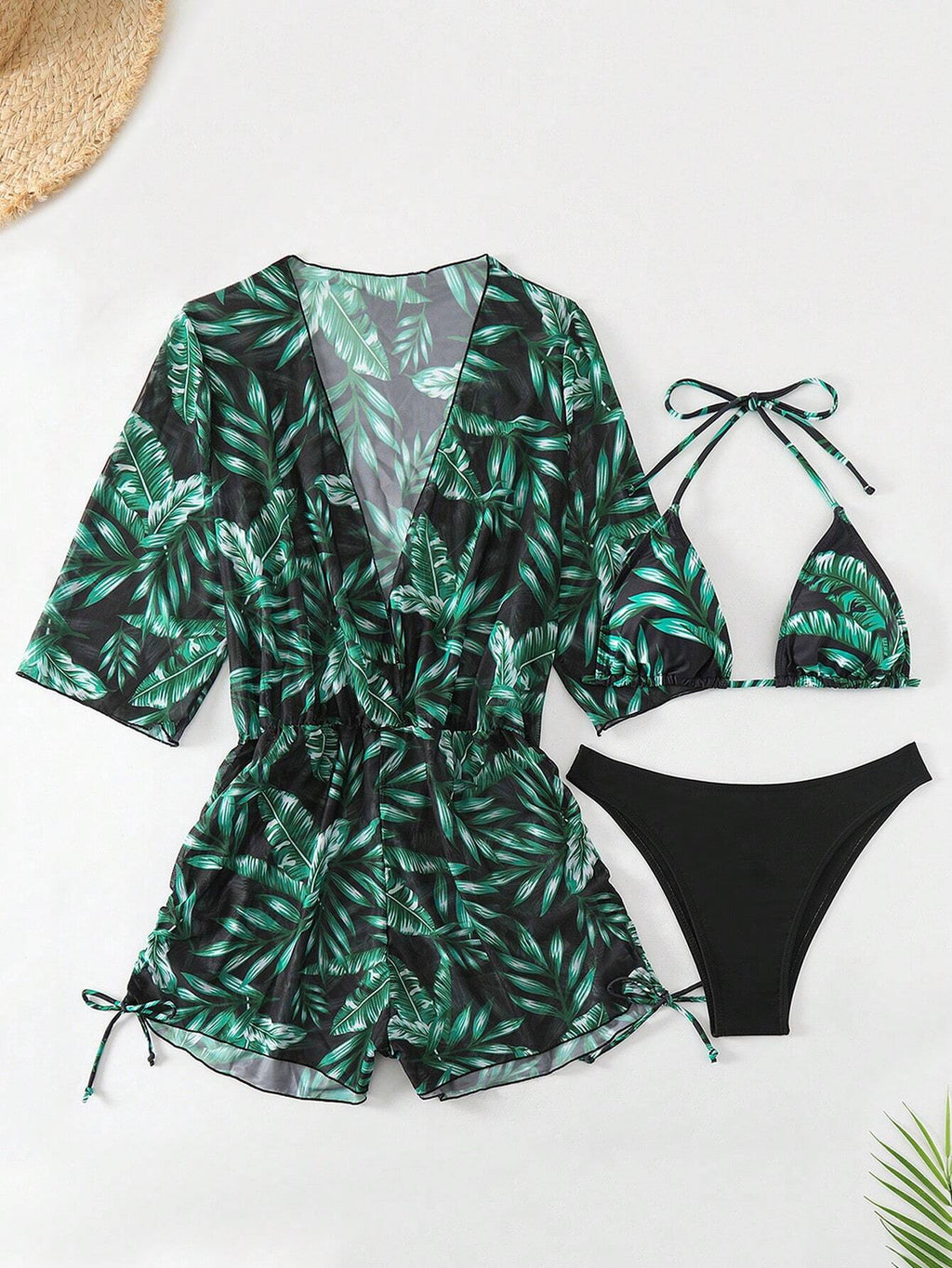 3pcs/Set Women's Tropical Plants Print Halter Tie Bikini Set With