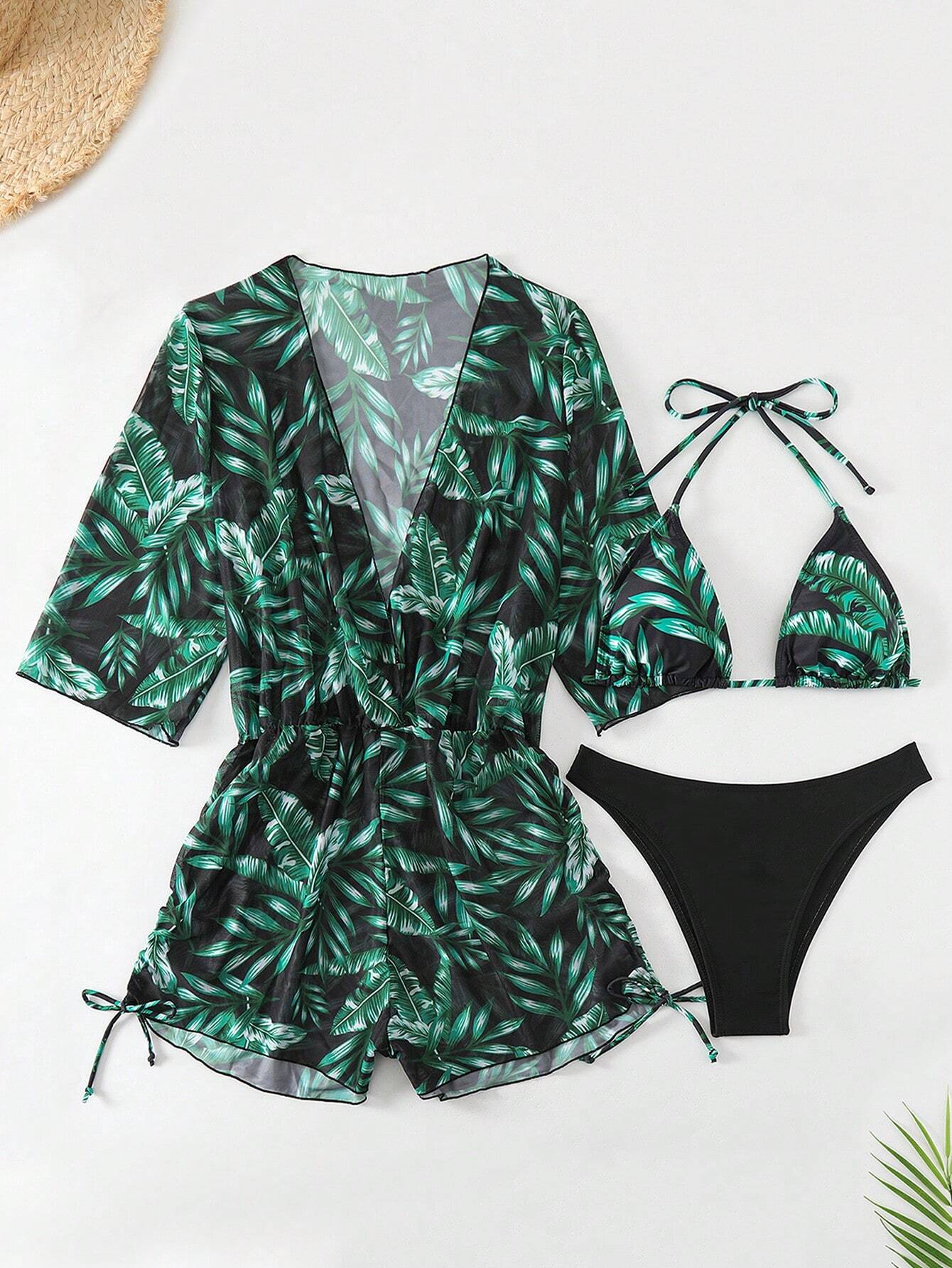 3pcs/Set Women's Tropical Plants Print Halter Tie Bikini Set With