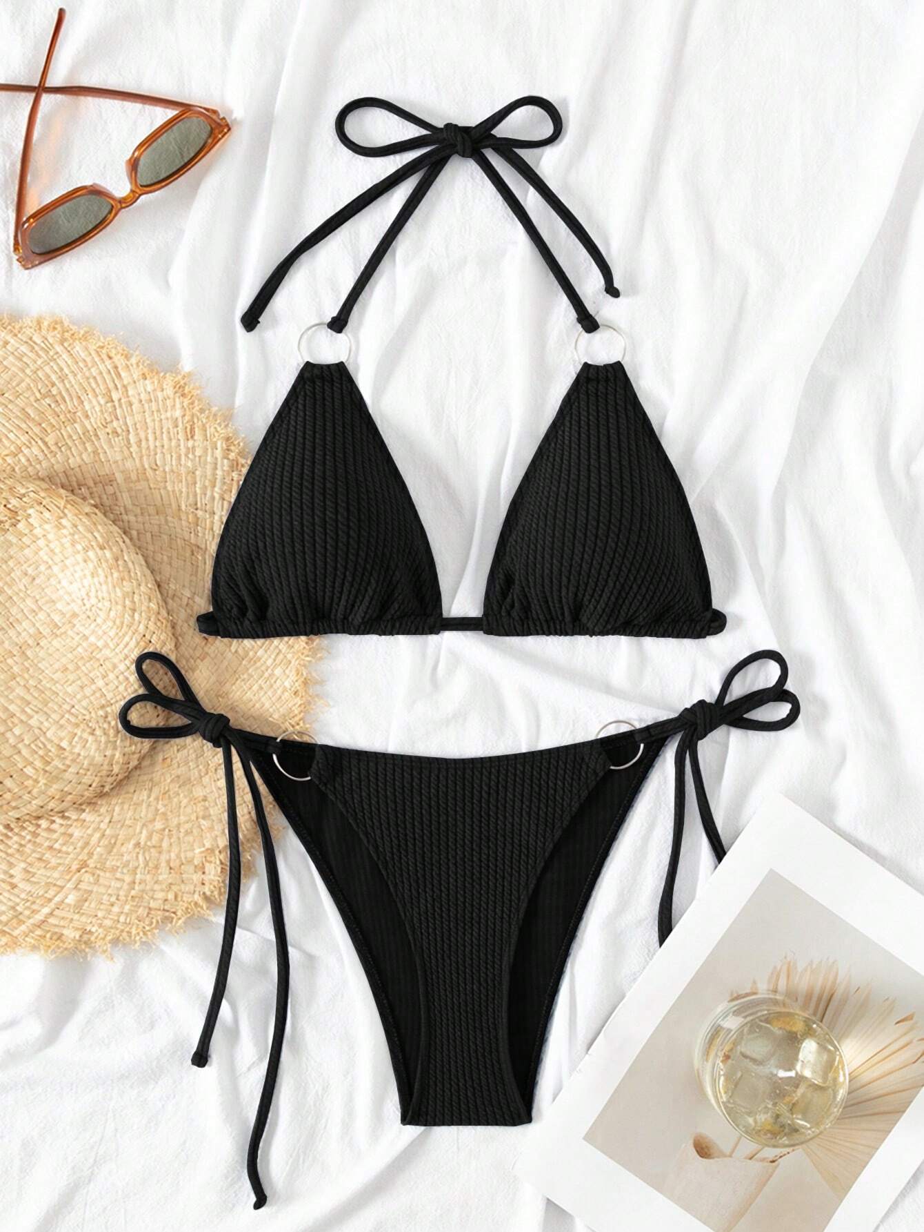Bonvoyette 2026 Spring/Summer Mint Blue Spaghetti Strap Halter Circular Ornament Side Tie High Cut Thong - image 3